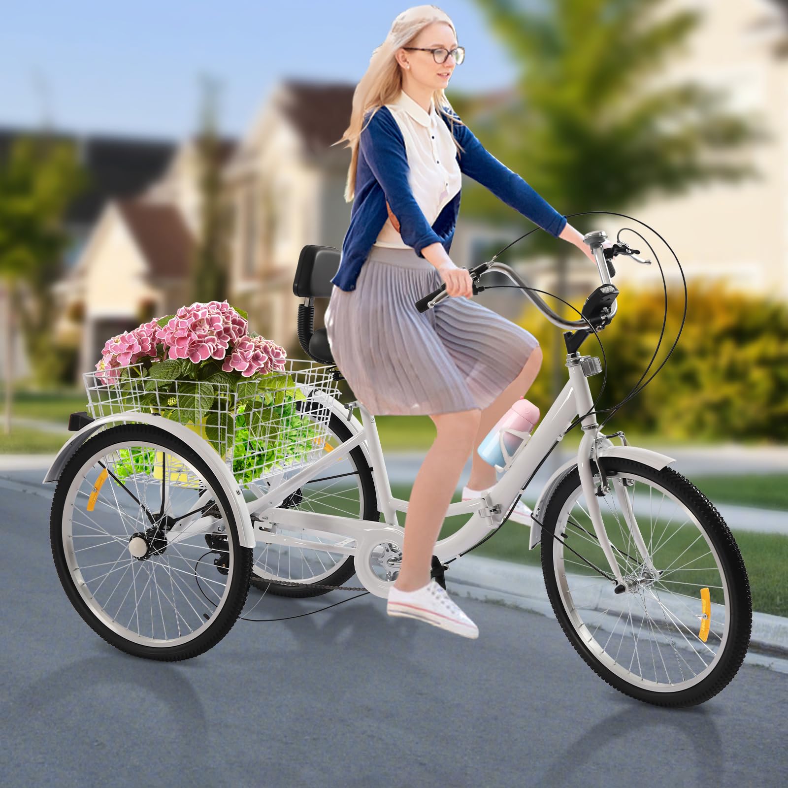 24 Inch Dreirad für Erwachsene, Klappbar Kohlenstoffstahl 3-Rad Fahrrad 7 Gang Adult Fahrrad mit GeträNkehalter und Led Lichter Verstellbarer Sitz Eignet für Erwachsene Verwenden