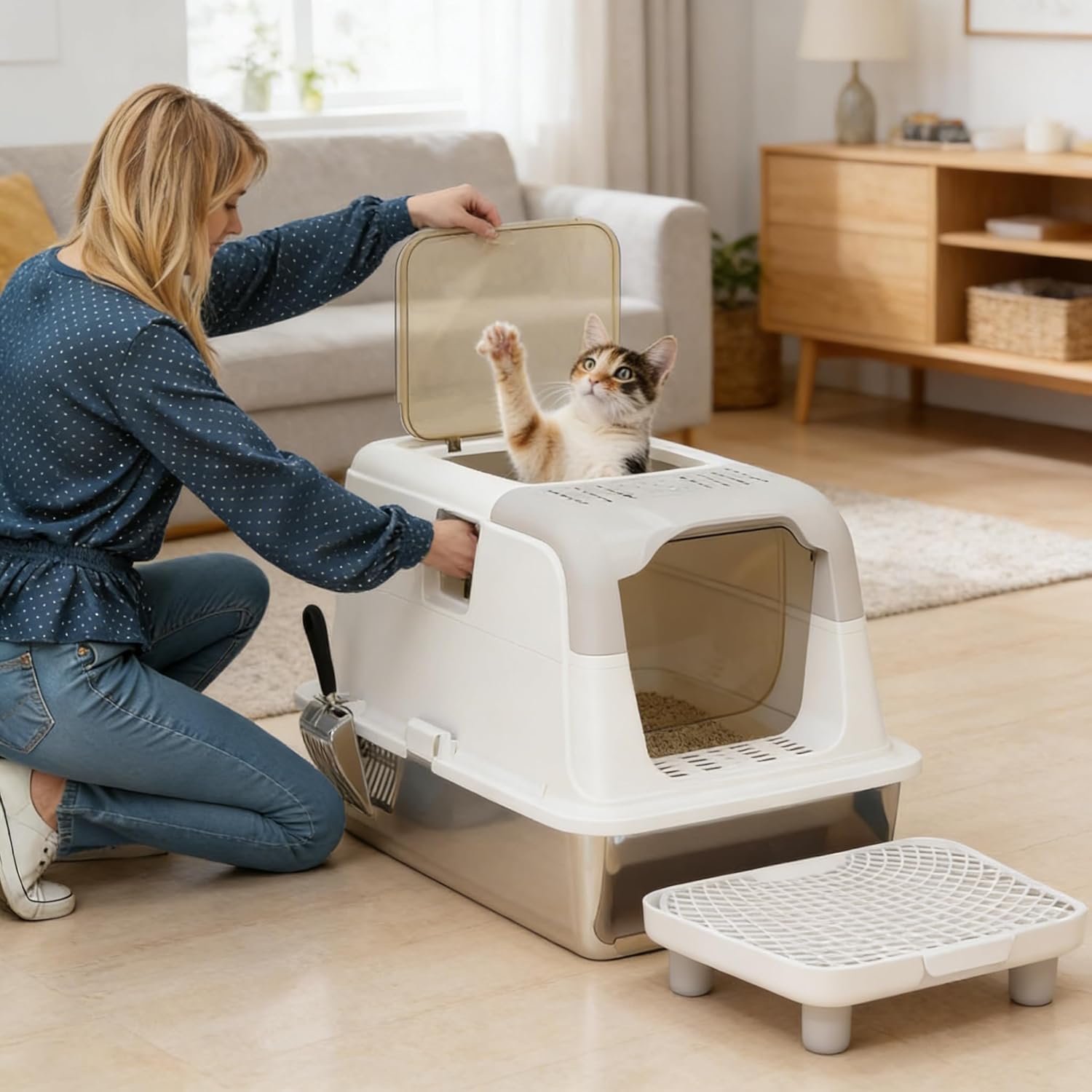 Large Enclosed Cat Litter Box with Lid, Odor Locking Covered Cat Litter Box Includes Scoop and Deodorizer Bags, Leak-Proof & Anti-Splashing Cat Litter Pan for Indoor Cats