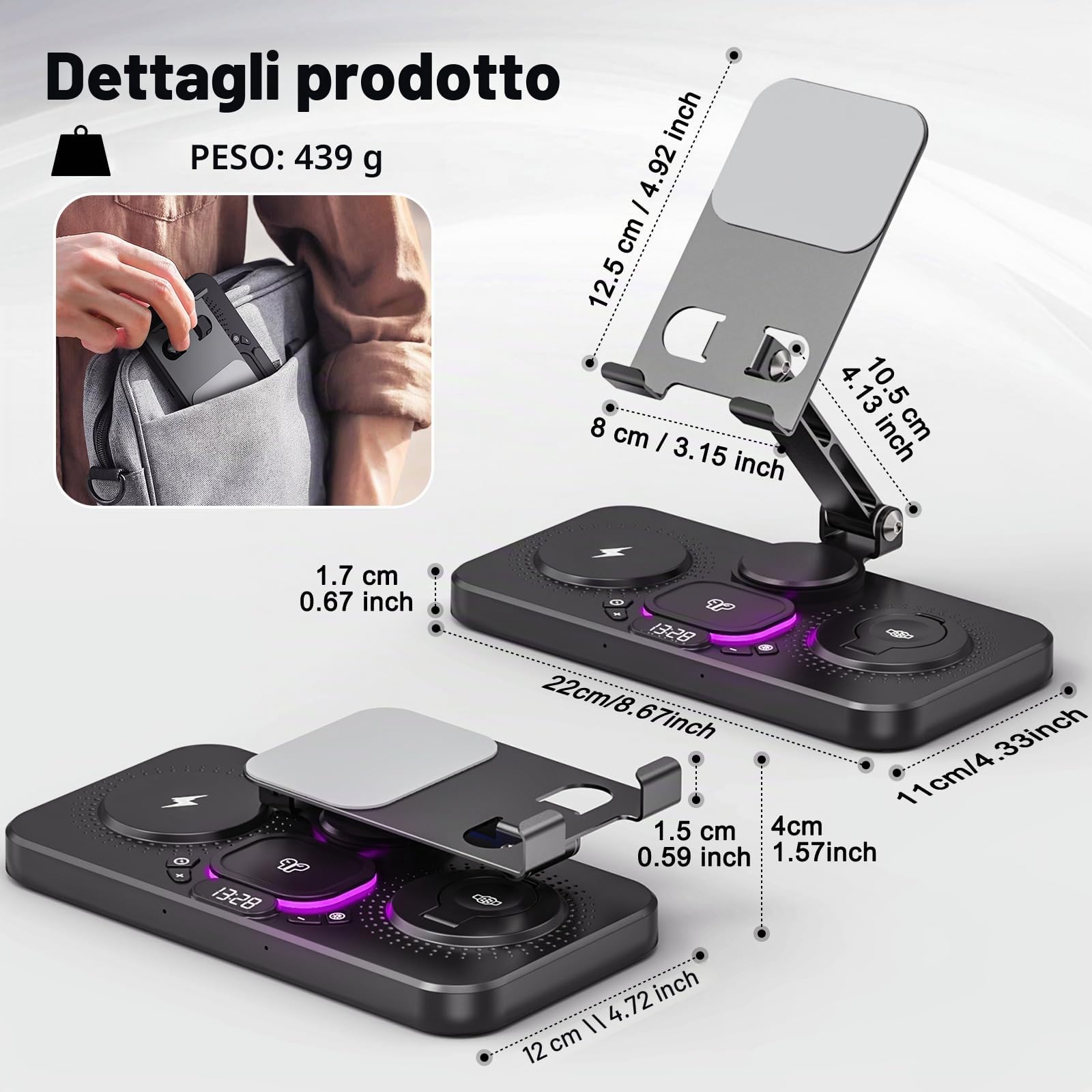 4 in 1 Stazione di Ricarica per iPhone, Supporto da Tavolo per Tablet con Caricatore Wireless, Ricarica Wireless per iPhone 16/15/14/13/12, iWatch, Auriculares | Supporto da tavolo regolabile per tablet con luce notturna a LED per iPad Pro Air Mini, table