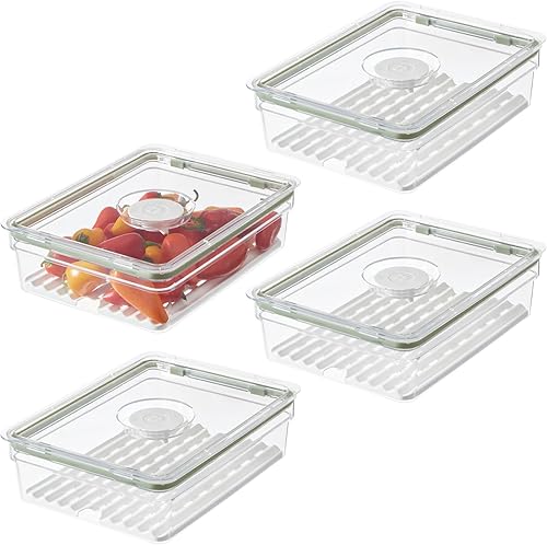 iDesign Contenedor grande para productos de nevera con bandeja de drenaje extraíble y tapa, juego de 4 unidades, transparenteblanco