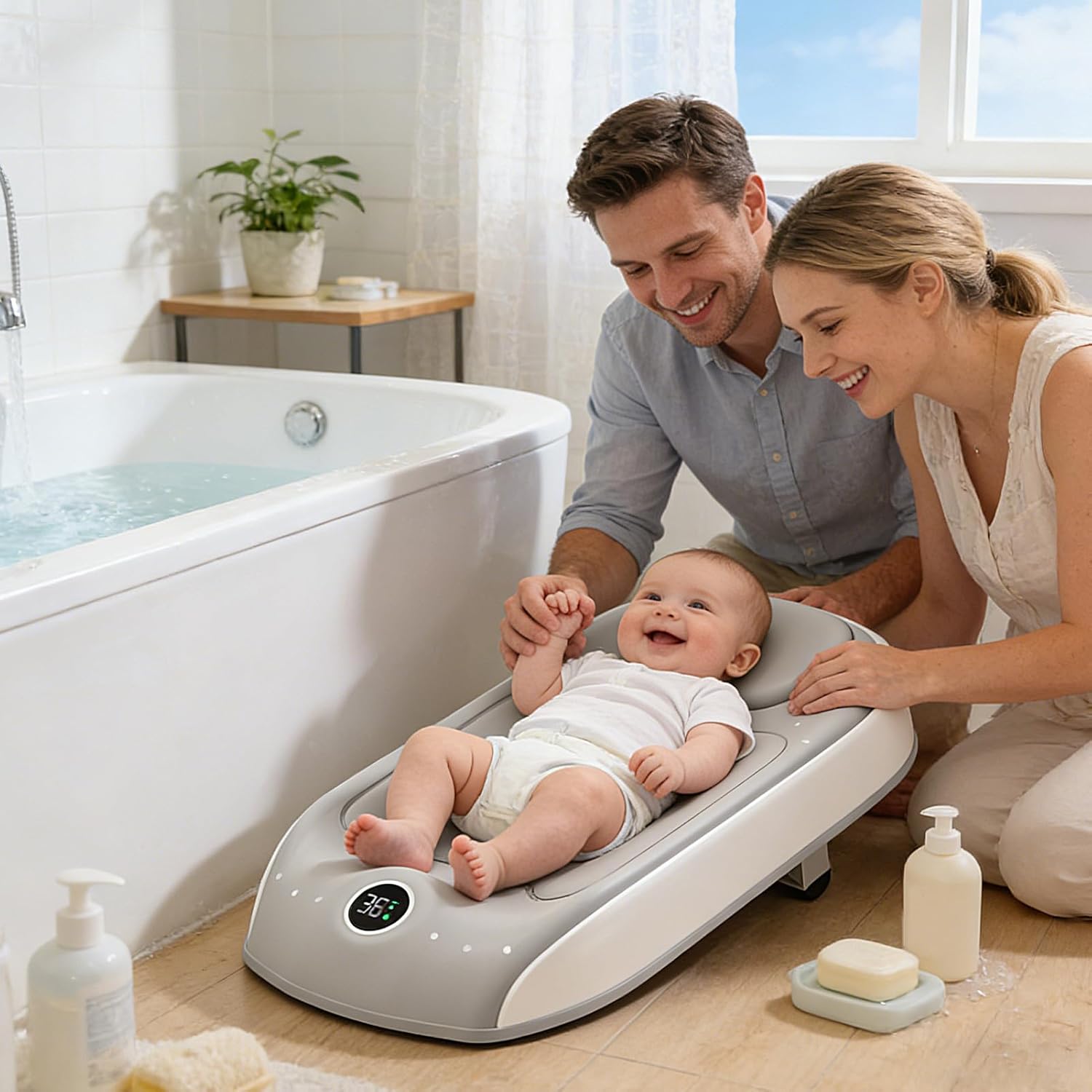 Bath Support - Bathing Seat with Temperature Sensing | 3 Balls, 2 Ducks, Shampoo Brush | Kids Three-Level Height Adjustment Bathtub | for Child Home Traveling Hotel Beach Shower