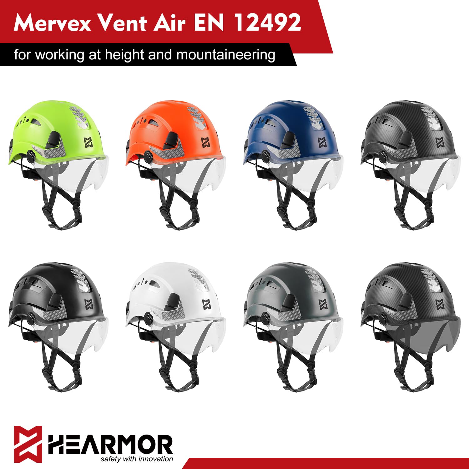 HEARMOR Elmo industriale per adulti, casco da costruzione in ABS, certificazione EN12492, superato l'assorbimento degli urti EN397 e prova di penetrazione, con visiera trasparente o colorata