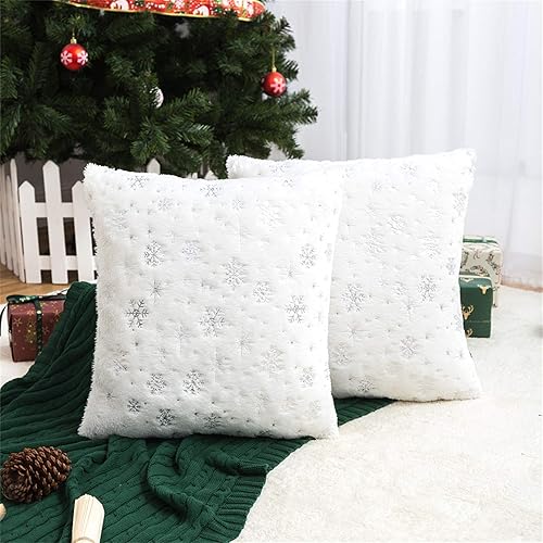 AQOTHES Fundas de almohada decorativas de piel sintética suave con copos de nieve con purpurina para decoración de Navidad, hogar, cama, sofá,