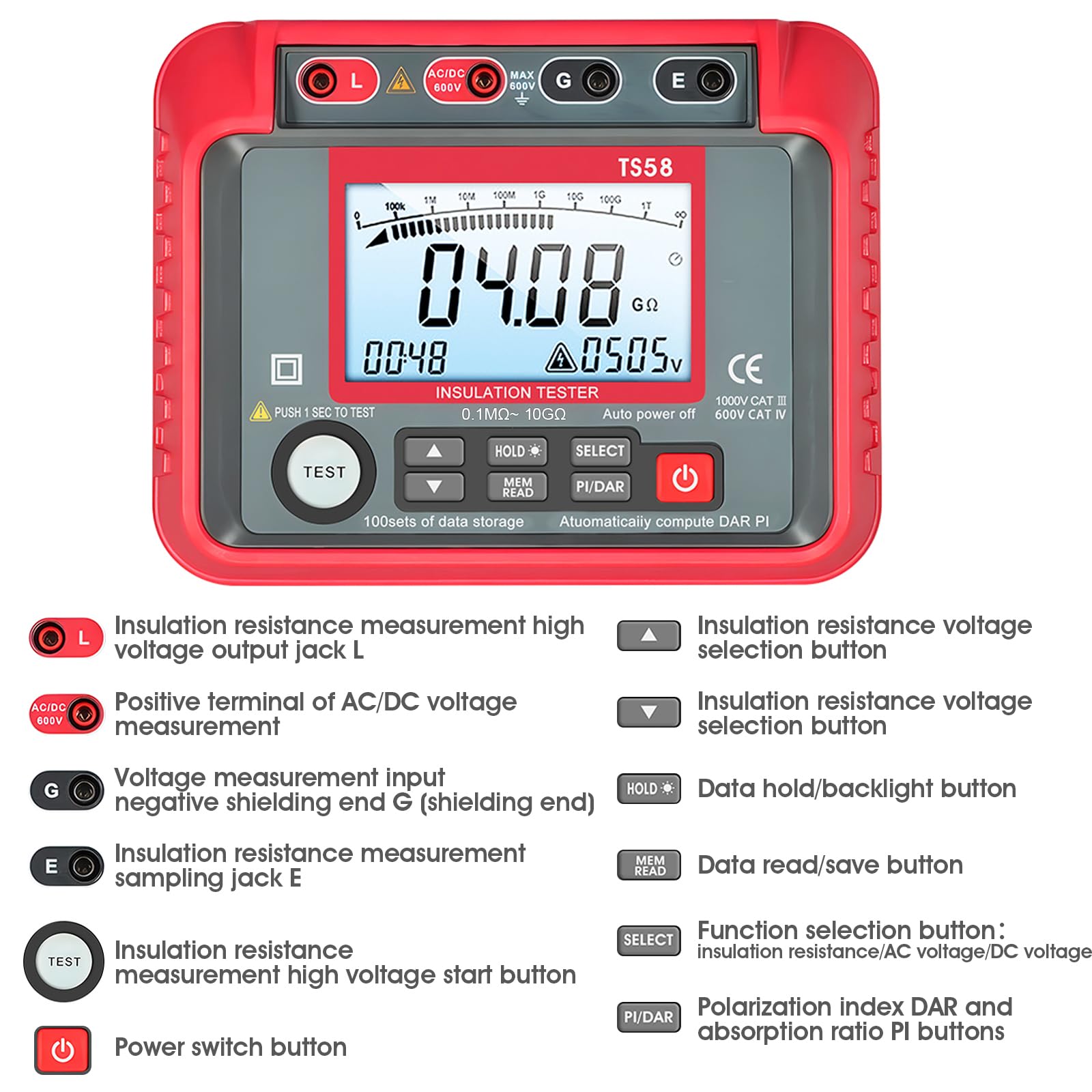 Megóhmetro Medir Resistencia de Aislamiento, 0,1MΩ~10GΩ Insulation Resistance Meter, Tensión Salida 50V~1000V, Test PI/DAR, Almacenamiento 100Datos para Motores, Cable, Transformadores, Condensadores