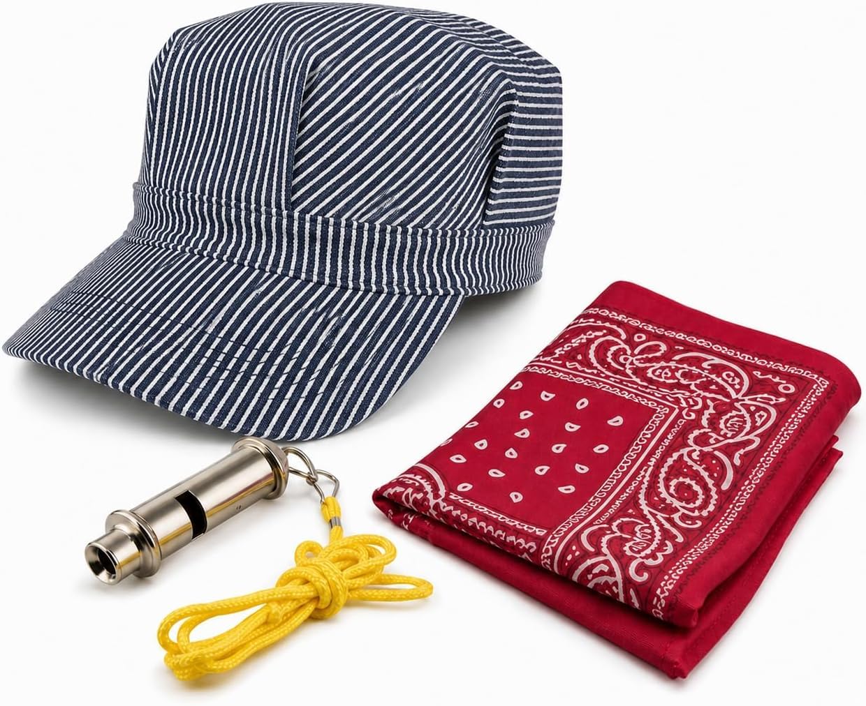 3Pcs Hat Set with Red Scarf and Whistle, Conductor Hat, Striped Engineer Hat for Adult Train Costume, Cosplay, and Dress-Up