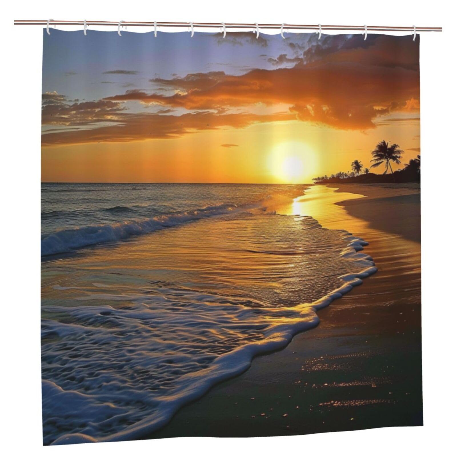 BWWHCCTI beach with sunset Printed Shower Curtain With 12 Plastic Hooks Opaque Quick Drying Waterproof Shower Curtains Sets For Bathroom 183x183 CM