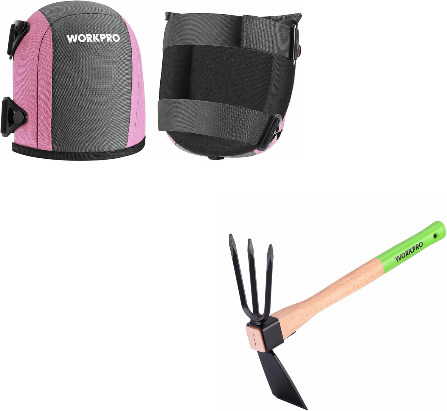 WORKPRO Garden Knee Pads for Unisex-Adult, Flooring Kneepads with Foam Padding & Hoe and Cultivator Garden Rake with 14" Wooden Handle, Sharp Hoe Blade & Sturdy 3 Claw Tiller