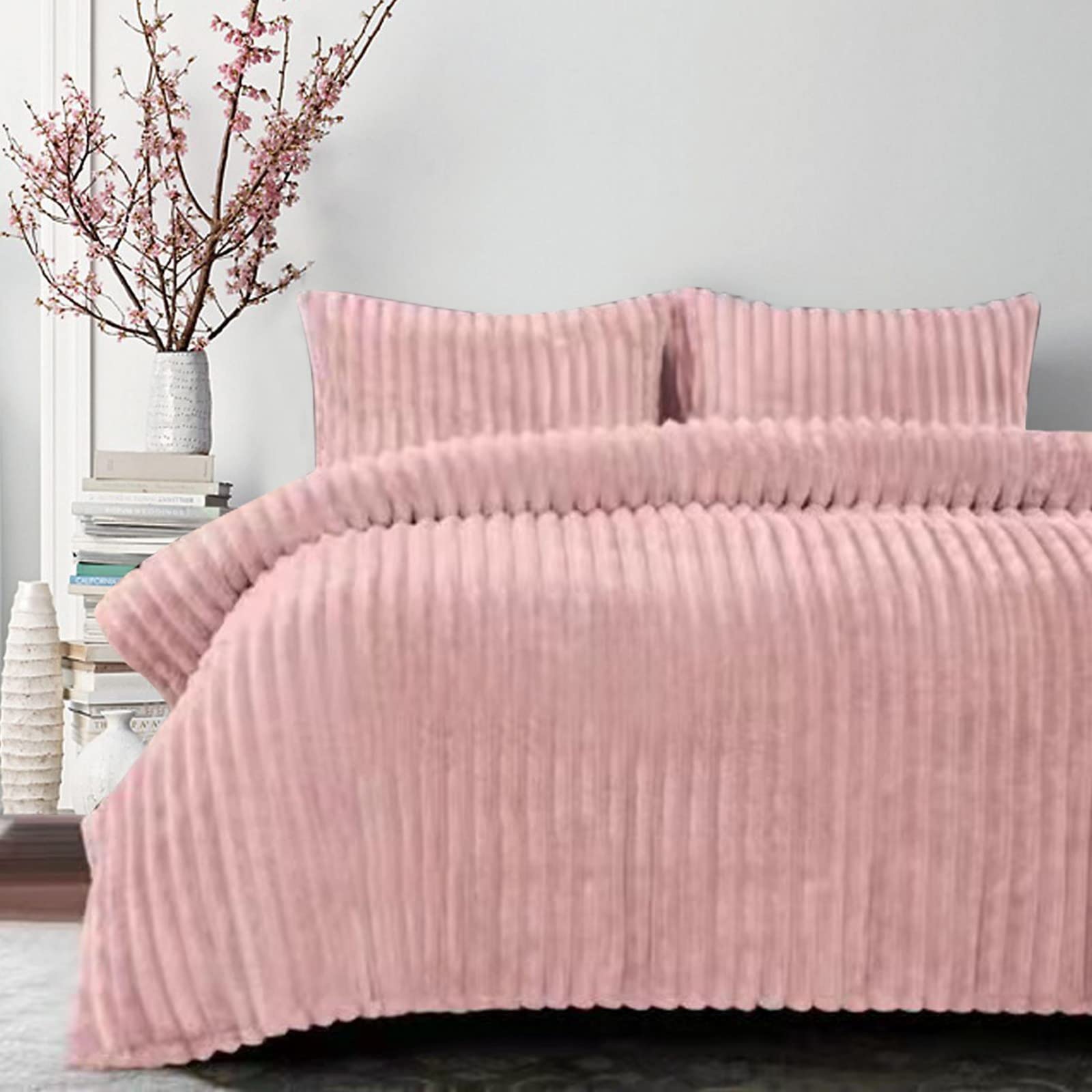 Y Homeware Blush Yorkshire Homeware Chunky Rib Duvet Cover Sets Teddy Soft & Cosy Luxury Fleece Easy Care Quilt Bedding Covers Pillowcases (, Single)