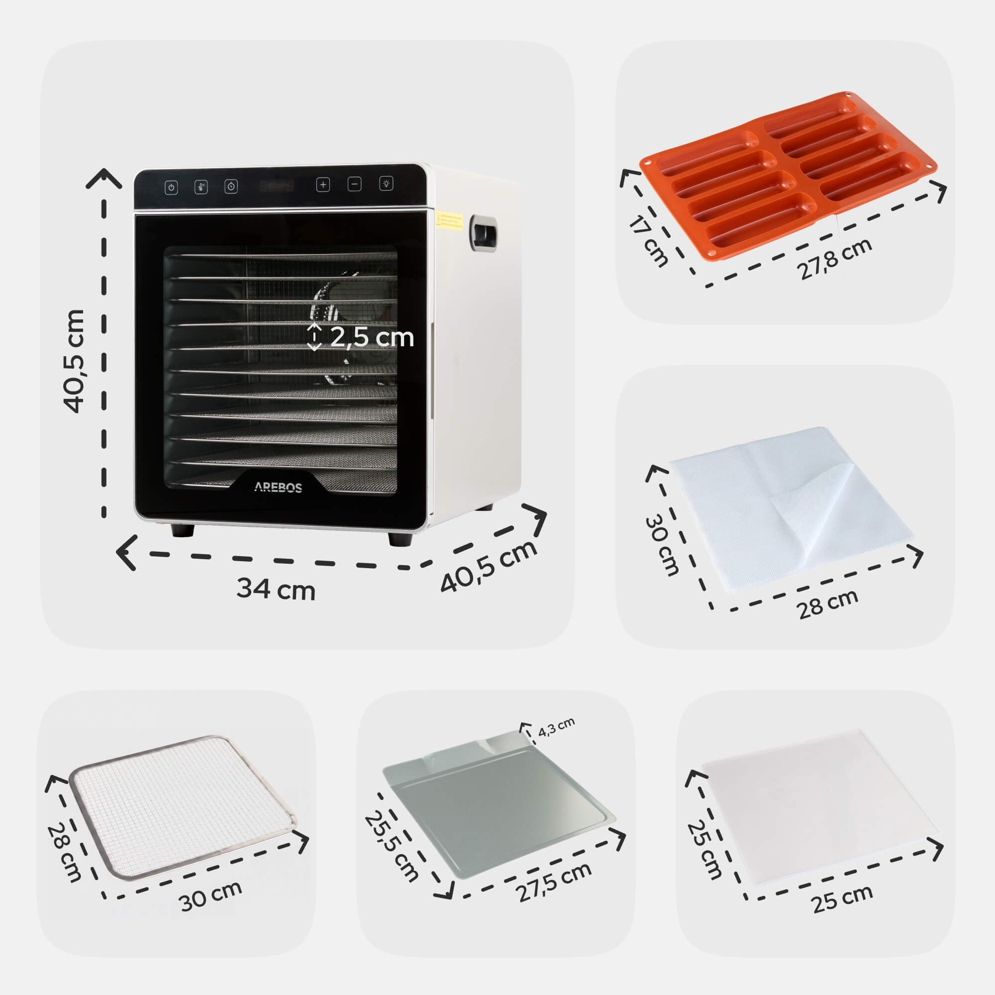 Arebos Suszarka do Żywności 800 W ze Stali Nierdzewnej | 12 Rusztów ze Stali Nierdzewnej | Pojemność 29 L | Panel Dotykowy, Oświetlenie LED, Timer 24 h, 30-85°C | Owoce, Mięso, Zioła i Warzywa