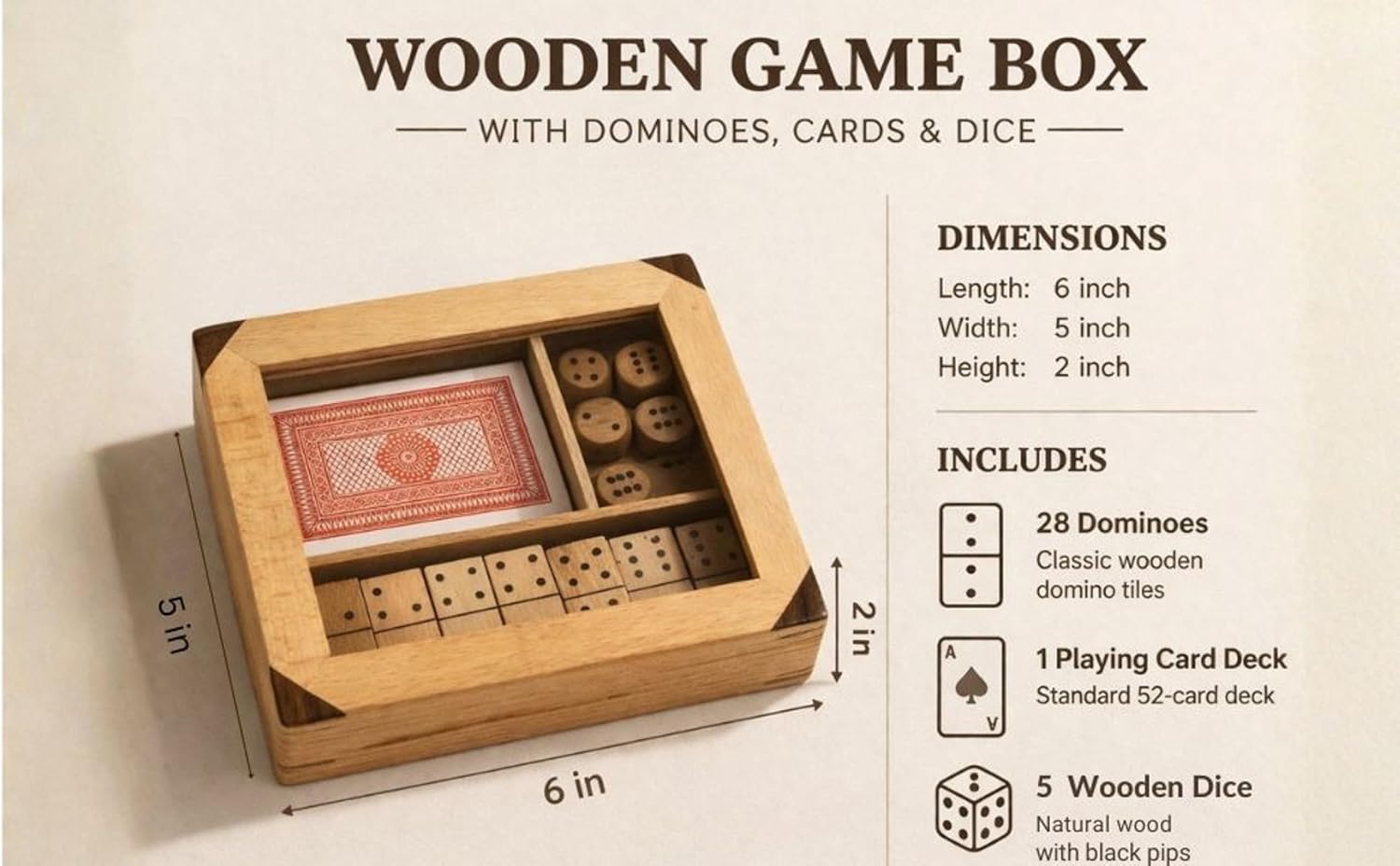Handicrafts Wooden Single-Deck Holder| 28 Dominoes,Set 1 Playing Card Deck and 5 Wooden Dice | Decorative Storage Organiser, Ideal Anniversary or Housewarming Gift image 2