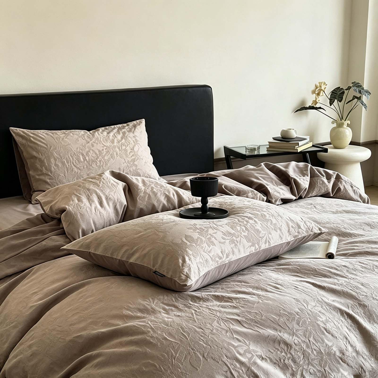 Set di biancheria da letto matrimoniale in cotone jacquard, 4 pezzi, morbido cotone traspirante a fibre lunghe, include 1 copripiumino, 1 lenzuolo con angoli e 2 federe per camera da letto principale