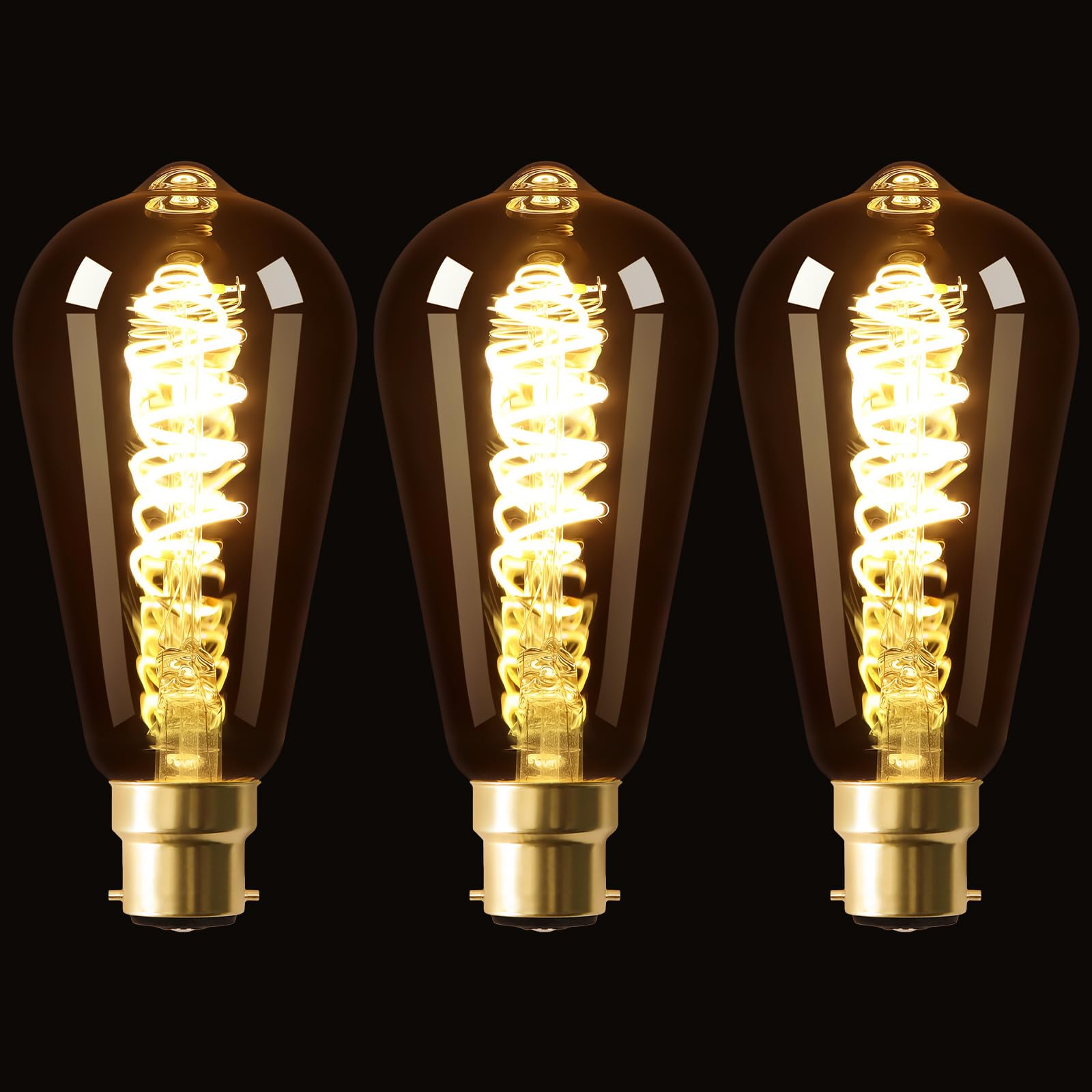 Terafeels 3 Pack B22 Vintage LED Light Bulbs, ST64, 4W, 2700K Warm White, Antique Style Retro Amber Glass,Spiral Filament, Dimmable Bayonet Light Bulb
