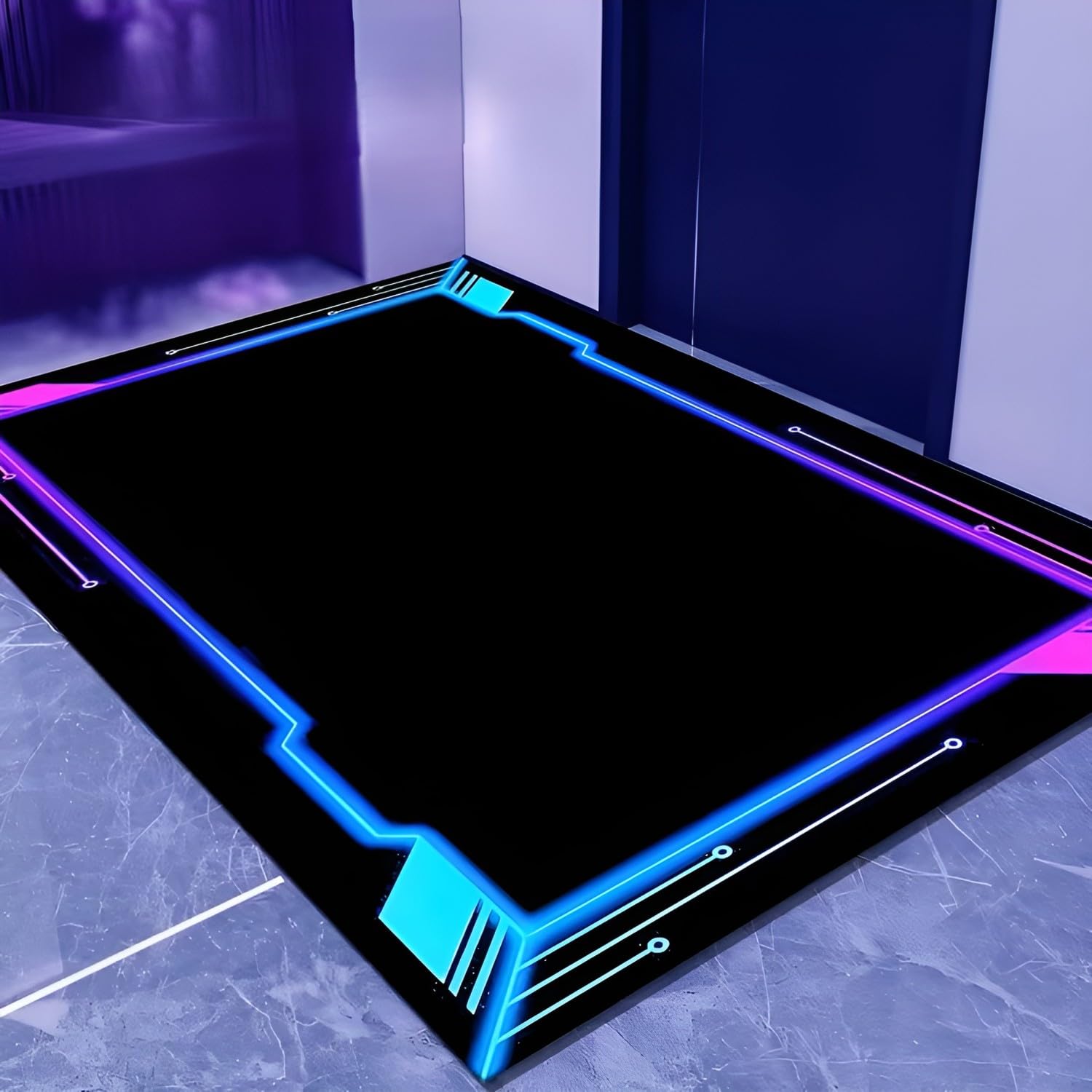 Gaming Teppich Cyberpunk Design, Futuristischer Rahmen Optik in Blau & Pink, Rutschhemmend, Maschinenwaschbar Pflegeleicht, Spielzimmer E-Sport Zimmer, 100x150cm