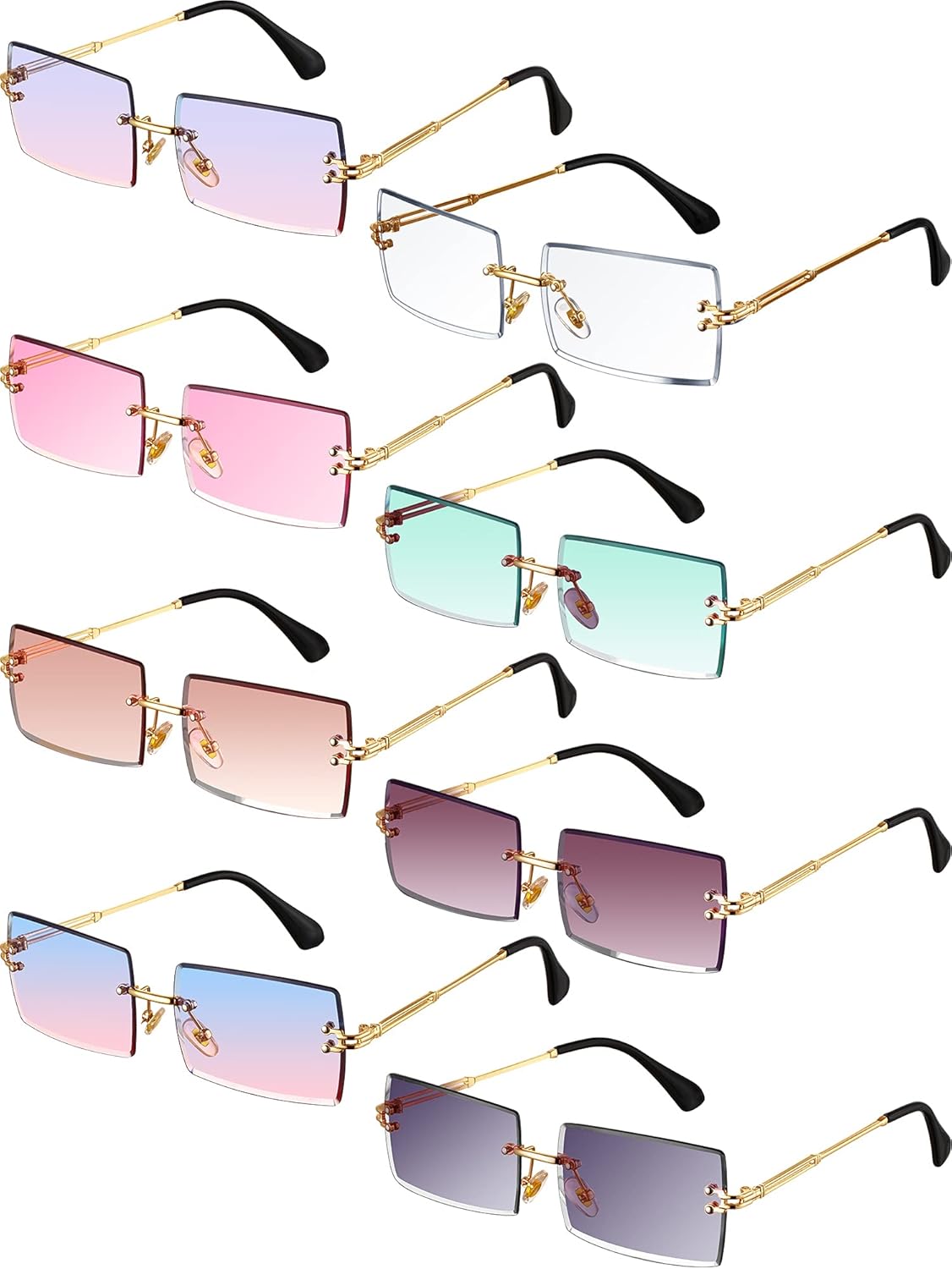 Weewooday 8 Pairs Vintage Rimless Rectangle Sunglasses Tinted Lens Gold Metal Frameless Eyewear Sunglasses for Women Men