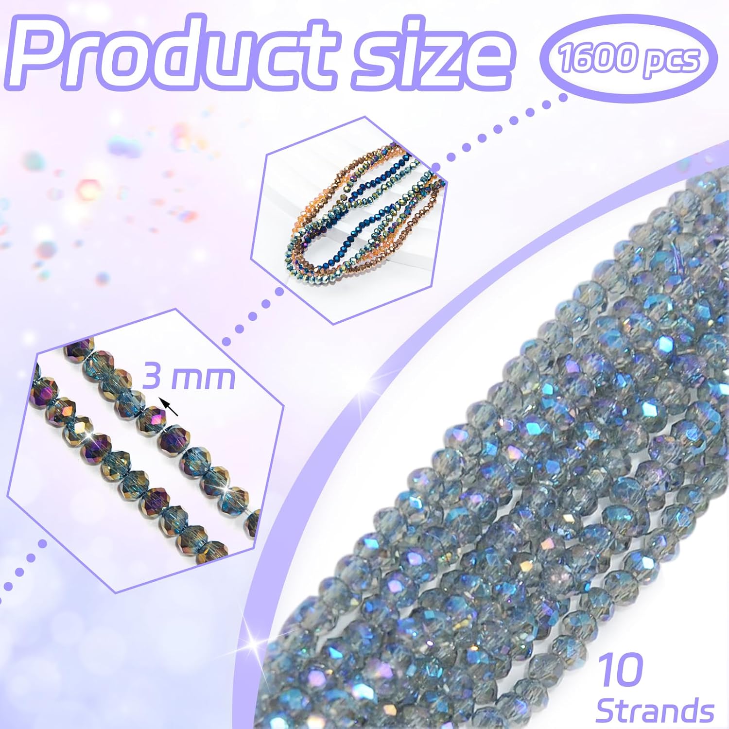 1600 Pcs Faceted Glass Beads, 10 Strands 3 mm Round Crystal Beads for DIY Jewelry Making-Light Blue - Image 2