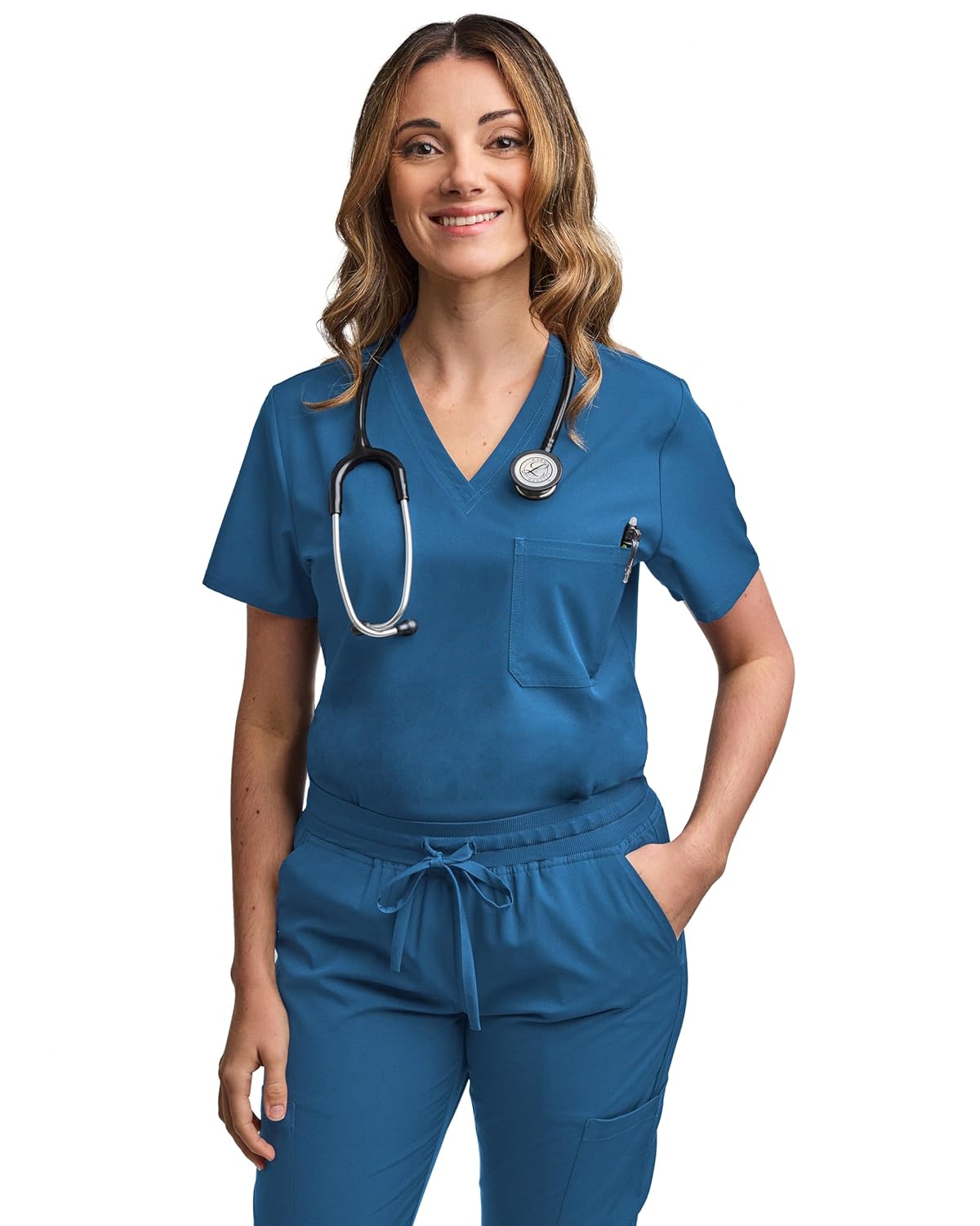 Green Town Scrubs for Women Scrub Set - Jogger Pant and Tuck-In V-Neck Top, 5 Pockets, Yoga Waistband, Nursing Uniform-Caribbean-X-Large - Image 3