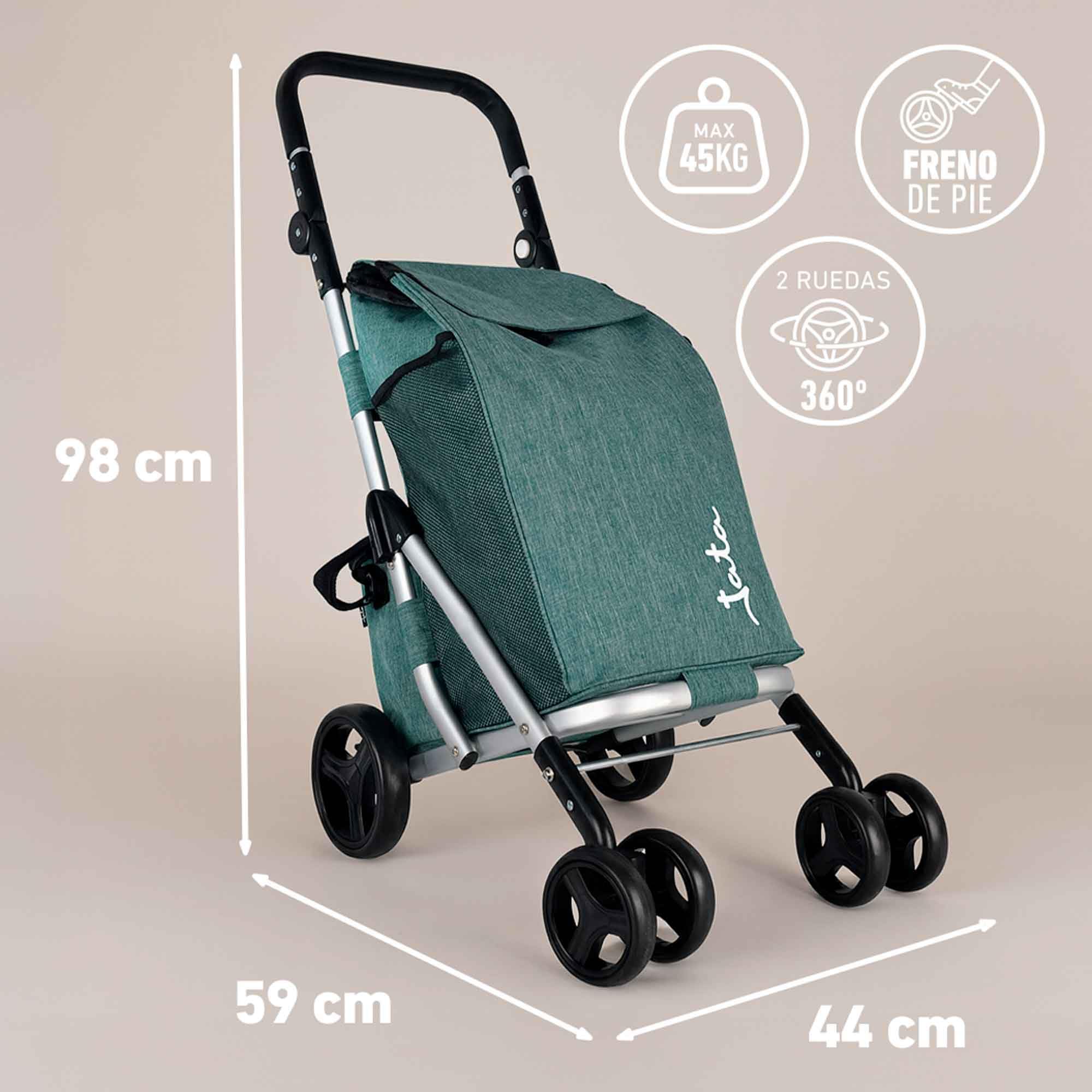 JATA HCAR2501 - Carro de la Compra 4 Ruedas. De 40L con Bolsa Refrigerante para Congelados. 2 Ruedas Giratorias 360º. Carro Plegable. con Freno. Chasis de Aluminio