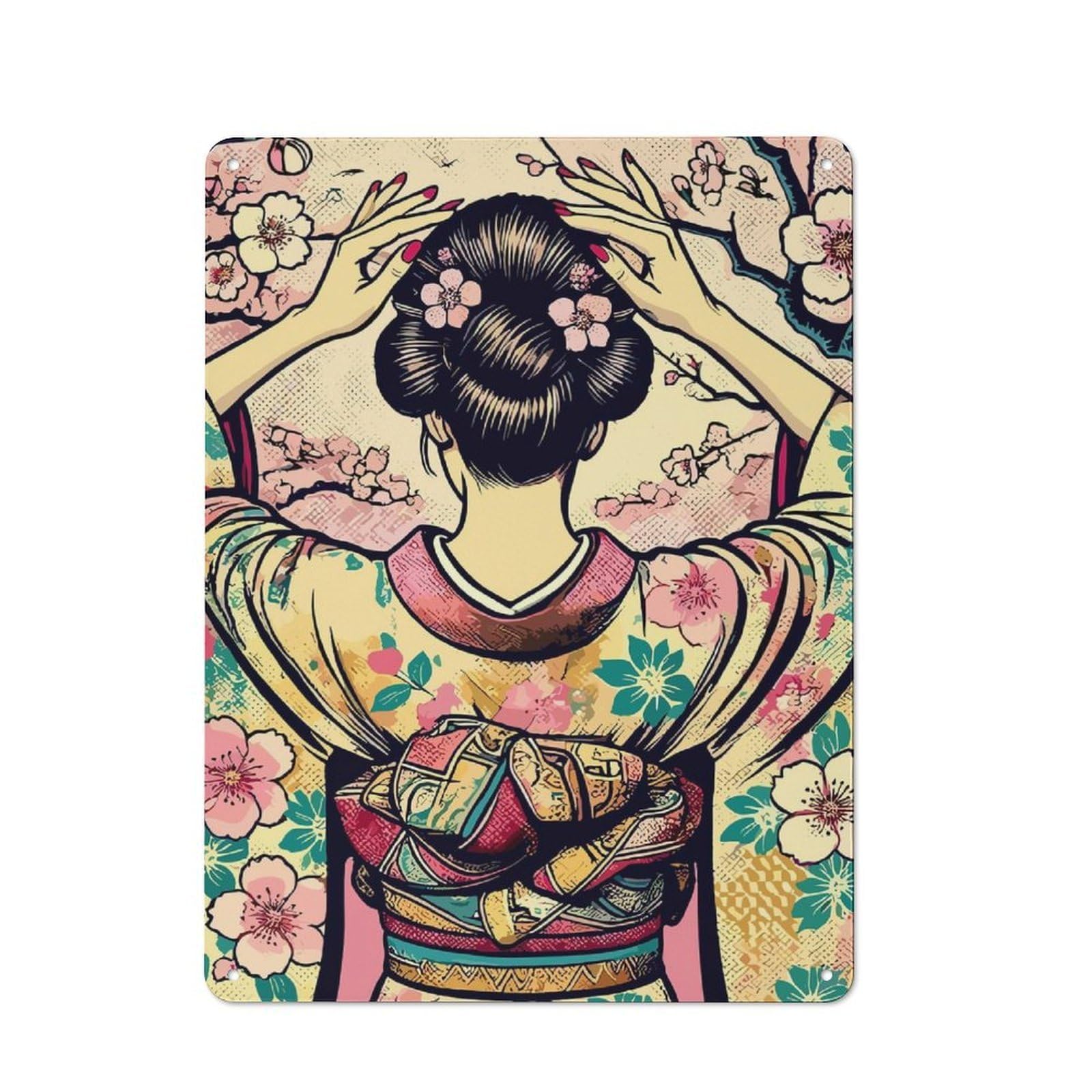 Junmoney Geisha With Cherry Blossoms Cottage Style Metal Wall Decor 40X30cm, Farmhouse Metal Sign For Farmhouse Kitchen, Pantry Or Dining Area
