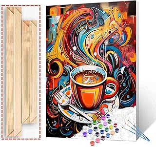Morning Coffee Painting Graffitic Breakfast Coffee Paint by Number Kits 16 x 20 inch Canvas DIY Music Celebrate Oil Acrylic Art for Kids Adults Beginner with Brushes Home Decor Boho Gift(DIY Frame)