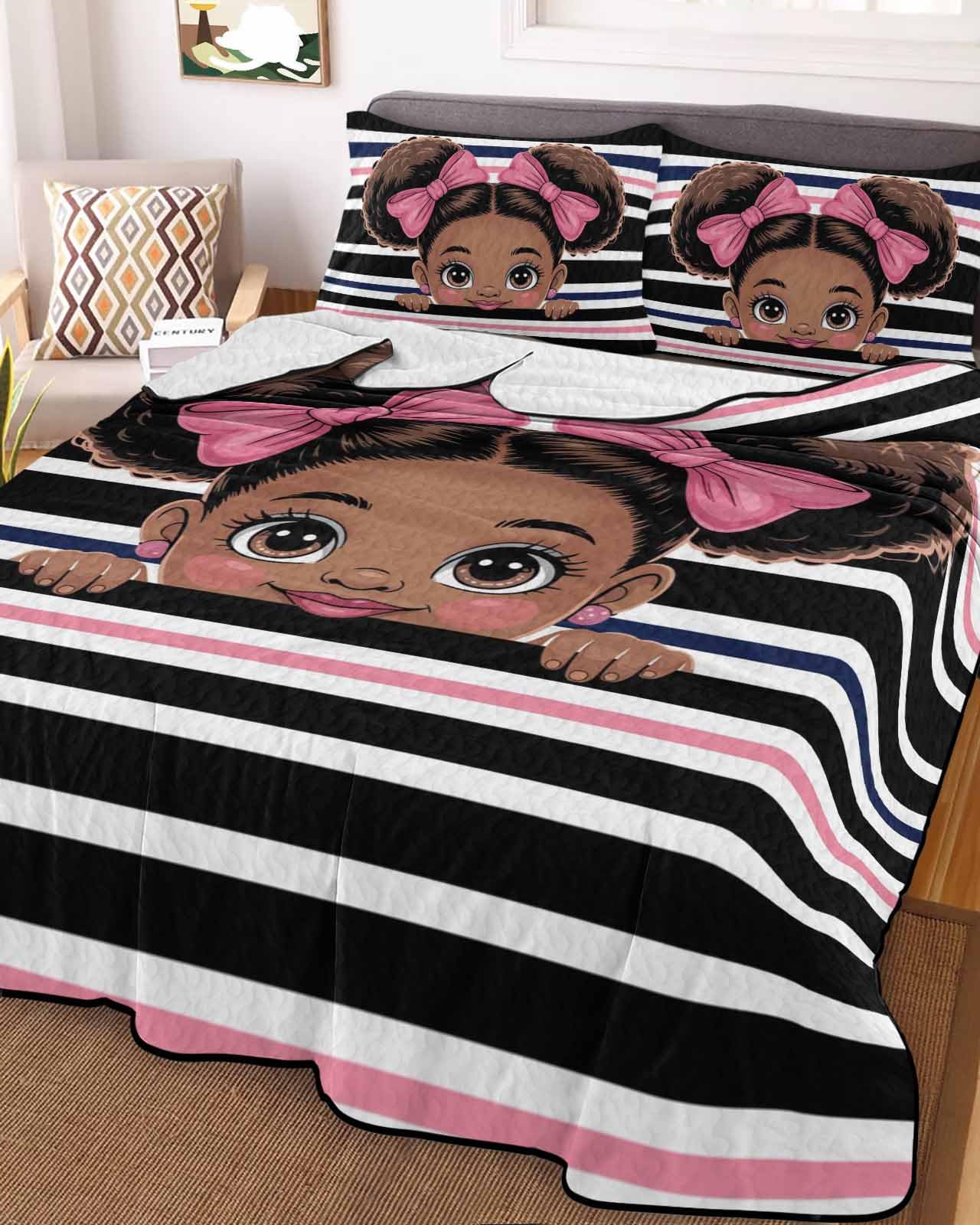 African Black Girl Pink Bow Queen Quilt Bedding Set,Summer Quilt Lightweight Quilted Coverlet with 2 Pillow Shams, Black White Stripes 3-Piece Bedspread Quilt Set for All Season