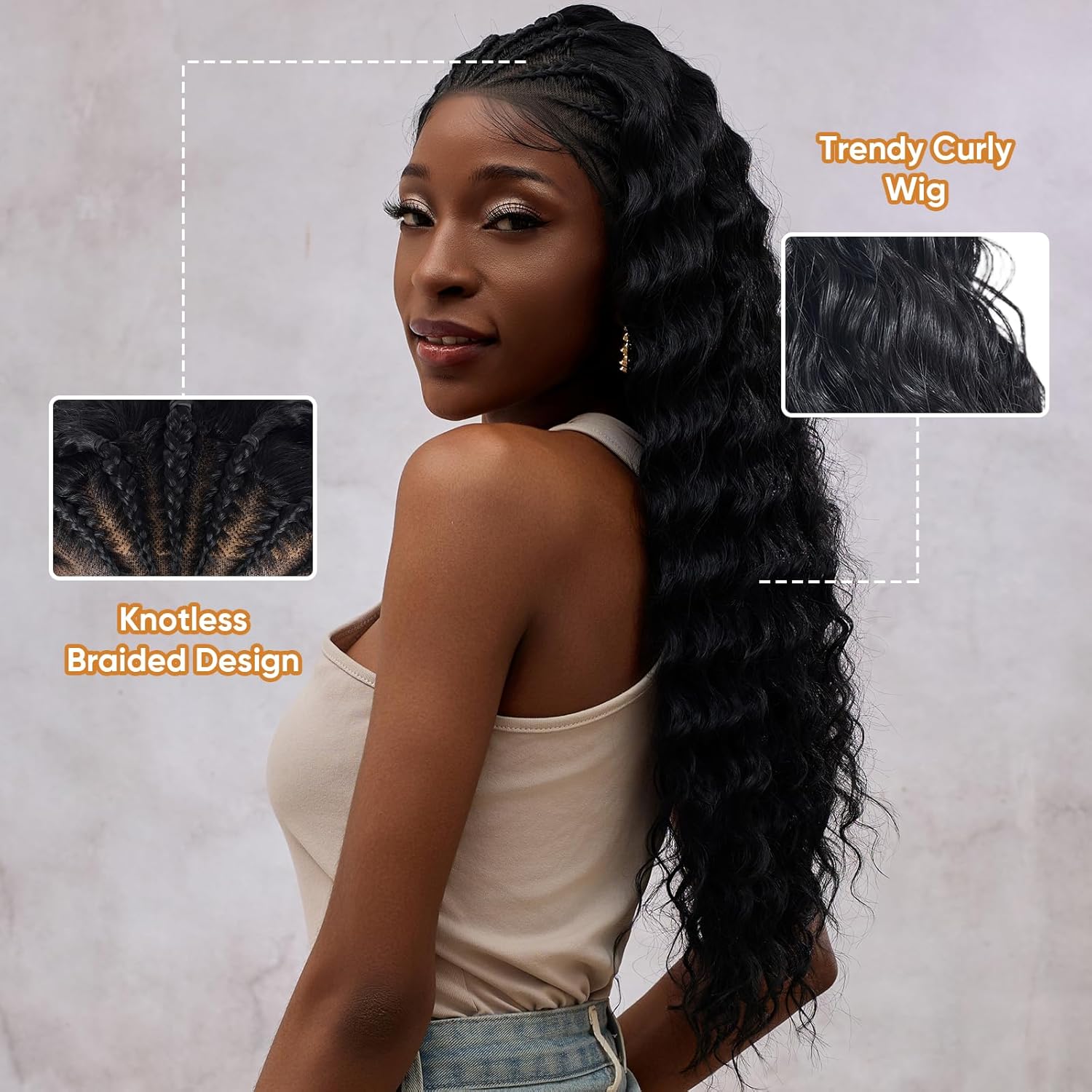 Pre Braided Water Wave Lace Front Deep Wave Ready to Wear and Go Human Hair Half Wig, 27.6in Glueless Synthetic Long Curly Headband Braided Wig for Black Women (Black Braided)