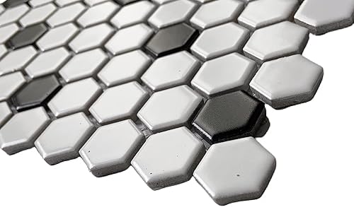 Miniatura 3 de Squarefeet Depot FDXMHMWD - Azulejo de porcelana hexagonal retro para suelo y pared, 10.25 x 11.75 pulgadas, blanco mate con puntos negros