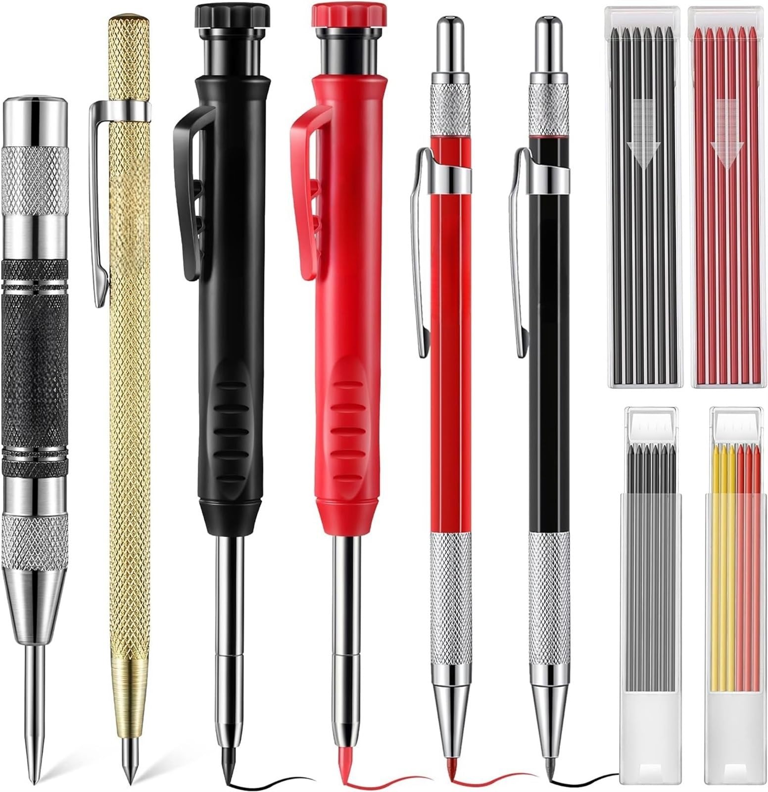 THE WHITE SHOP Carpenter Pencil Set, Colorful Solid Carpenter Pencils with Sharpener and Refills, Automatic Center Punch, Carbide Scribe Tool Kit for Construction Woodworking