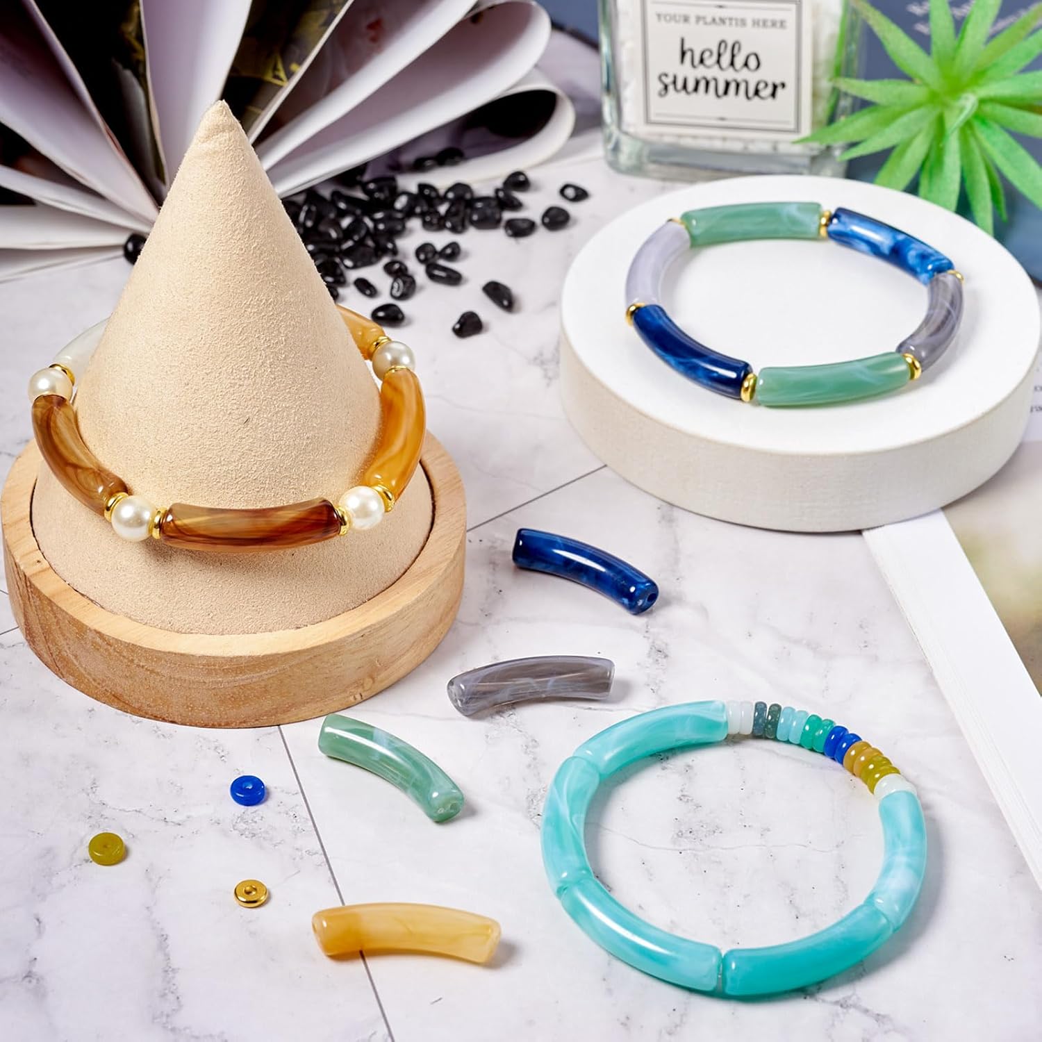 Craftdady 121Pcs Two Tone Acrylic Curved Tube Beads Making Kit, Colorful Glass Circle Coin Beads Flat Round Brass Rondelle Spacer Bead with Elastic Crystal Thread for DIY Bracelet Jewelry Making - Image 5