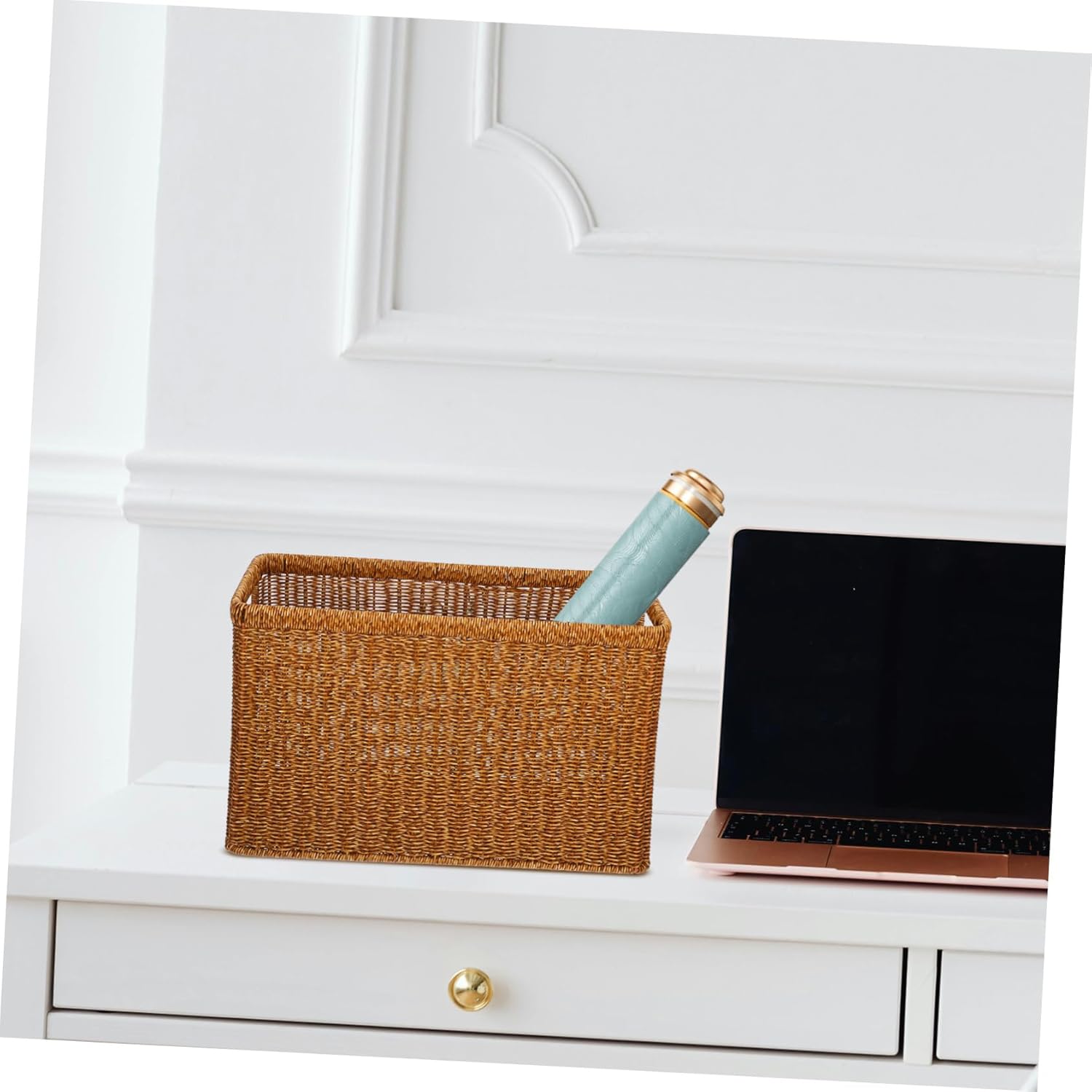 Unomor Woven Magazine Storage Basket Handles Japanese Handcrafted Rattan Organizer for Office Files Books and Toys Lightweight Storage Bin for Home and Closet