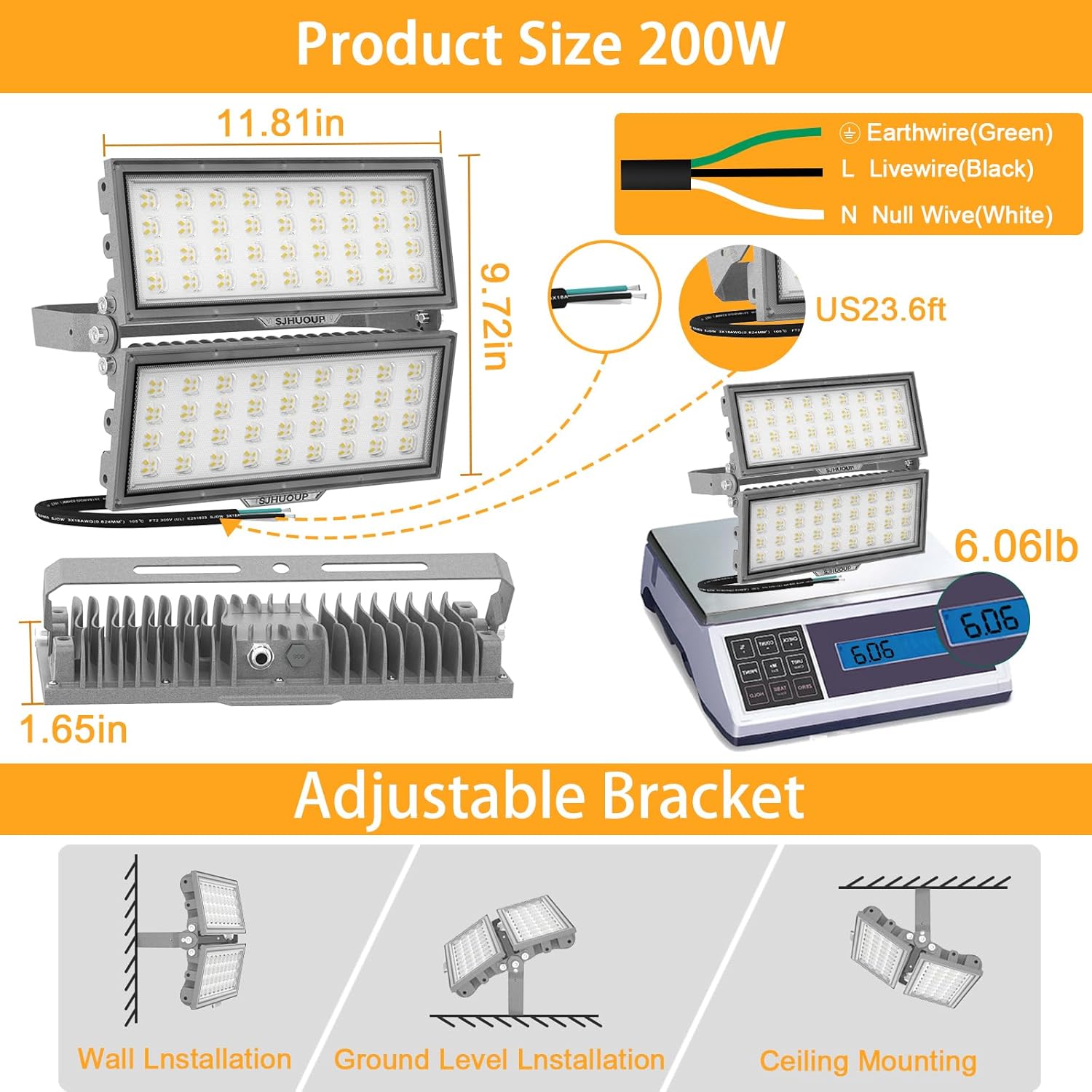 LED Flood Light Outdoor, Led Stadium Lights Super Bright Security Lights 200W, 26000Lumen, Surge 6KV, Adjustable Bracket, IP67 Waterproof, 6500K Daylight White