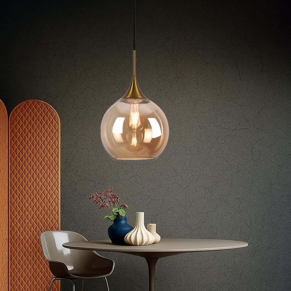Lampadario a sospensione decorativa in metallo con sfera in vetro attacco E27 lampada contemporanea (Argento/Oro) A72 (ORO)