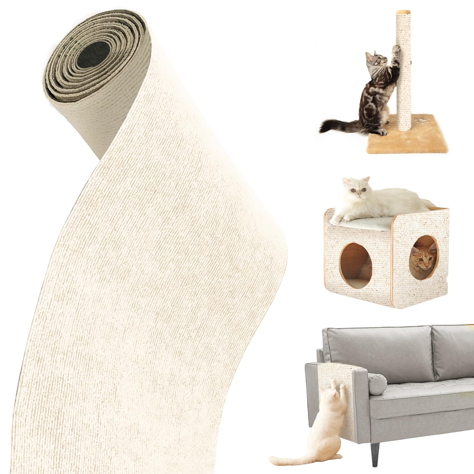 Tappetino Antigraffio Autoadesivo Per Gatti, Tappeto dellyy Tiragraffi Gatti, Diy Climbing Cat Scratcher Adesivo, Ritagliabili Tiragraffi Adesivo Rotolo, Protegge Divani (Bianco caldo, 200×40 cm)