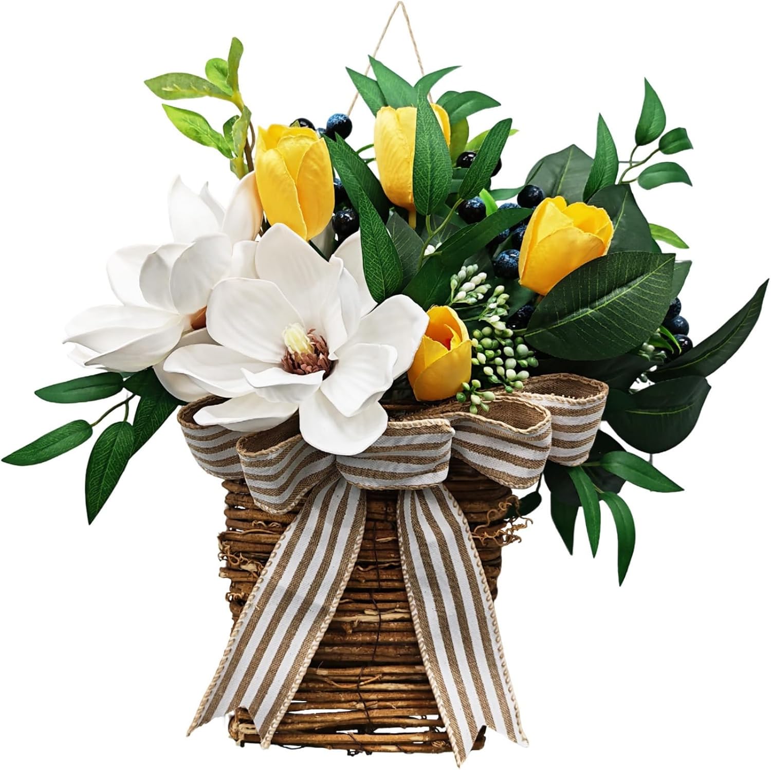 14" Spring Easter Floral Basket Wreath for Front Door, Artificial White Magnolia Yellow Tulip Door Basket Decor, Easter Basket Hanger for Farmhouse Home Wall Door, Spring Summer Easter Wreath