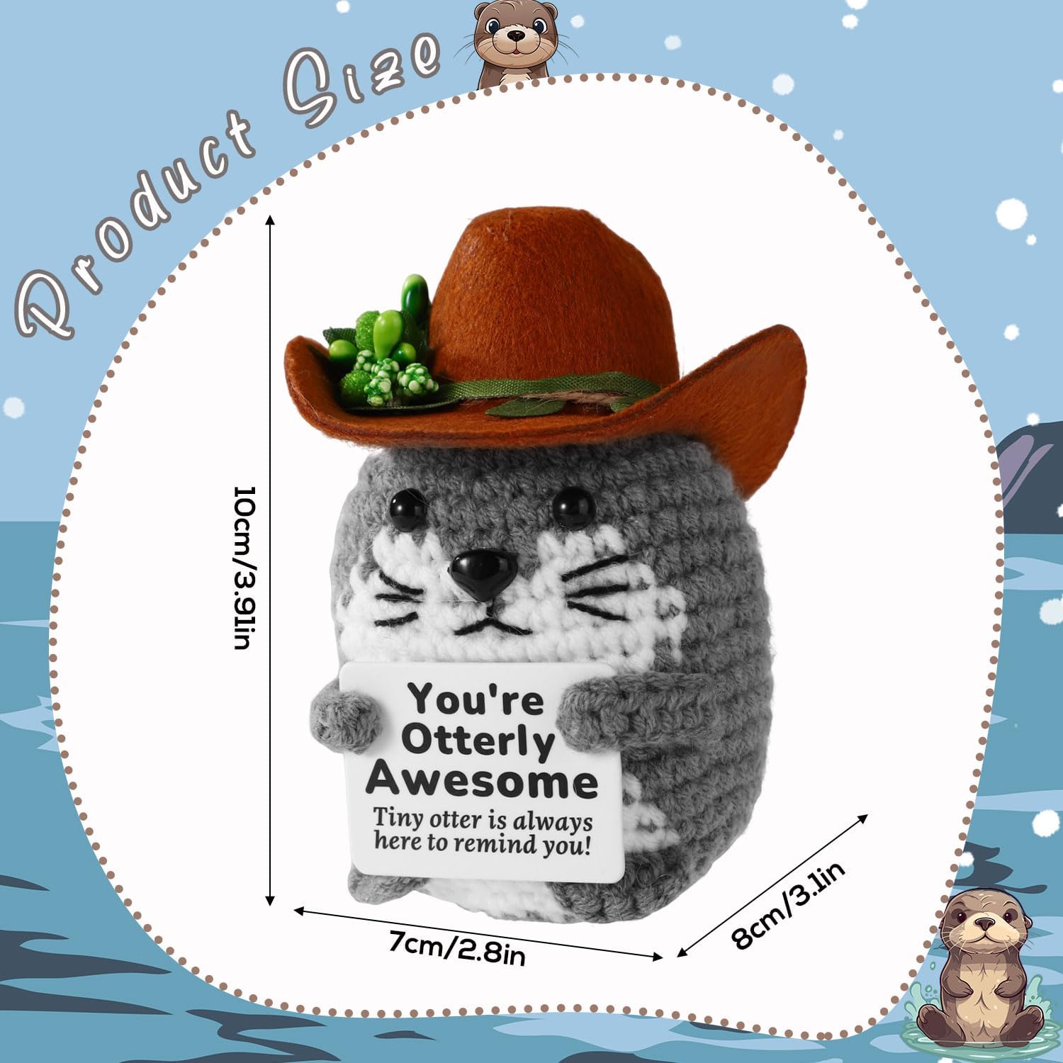 TOYMIS Positive Sea Otter, Handmade Kintted Crochet Animal Sea Otter with Cowboy Hat Emotional Doll Support Funny Inspirational Support Plush Cheer Up Gift for Friend Teacher Coworker Employee