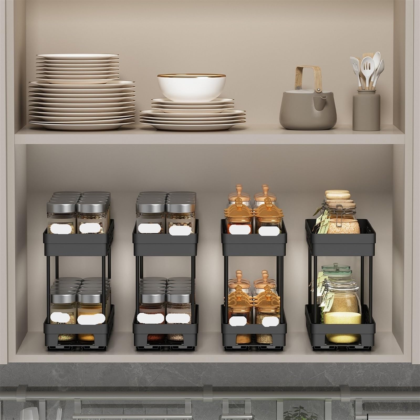 Organizador de especias de doble capa, estante de almacenamiento de plástico duradero para condimentos de cocina, tarros y botellas, solución ideal para especias y condimentos