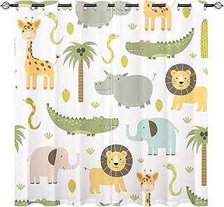 YUANZU Safari Animal Curtains - Kids Hippo Crocodile Lion Elephant Giraffe Woodland Zoo Family Pattern Eyelet Blackout Room Darkening Window Drapes for Boys Girls Bedroom 2 Panels W117cm x D137cm
