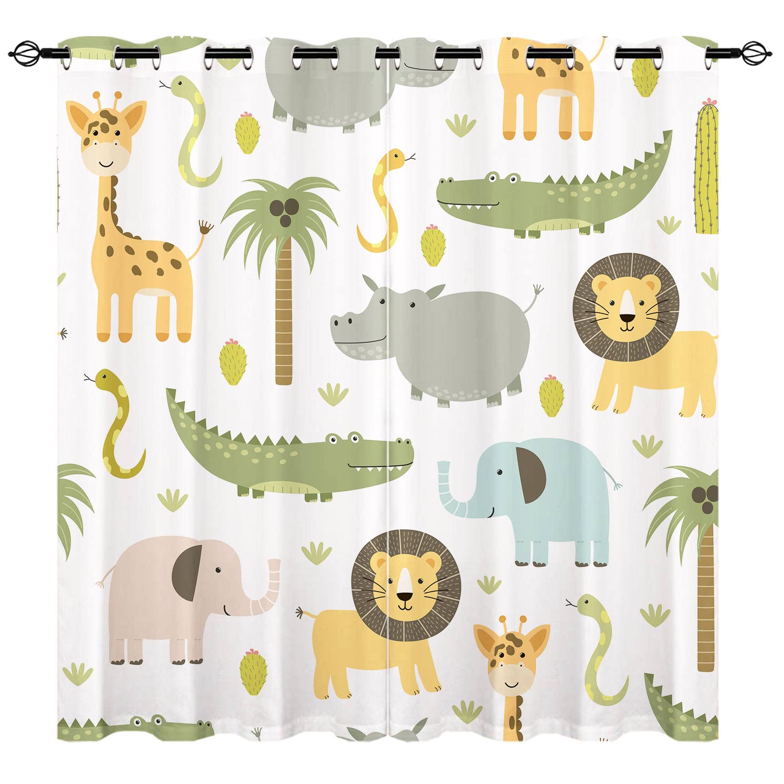 YUANZU Animal Cortinas - niños HIPO cocodrilo león Elefante Jirafa Woodland Zoo patrón Eyelet Blackout habitación oscuoscucortinas de Ventana para niños niñas Dormitorio 2 Paneles W75cm x D166cm