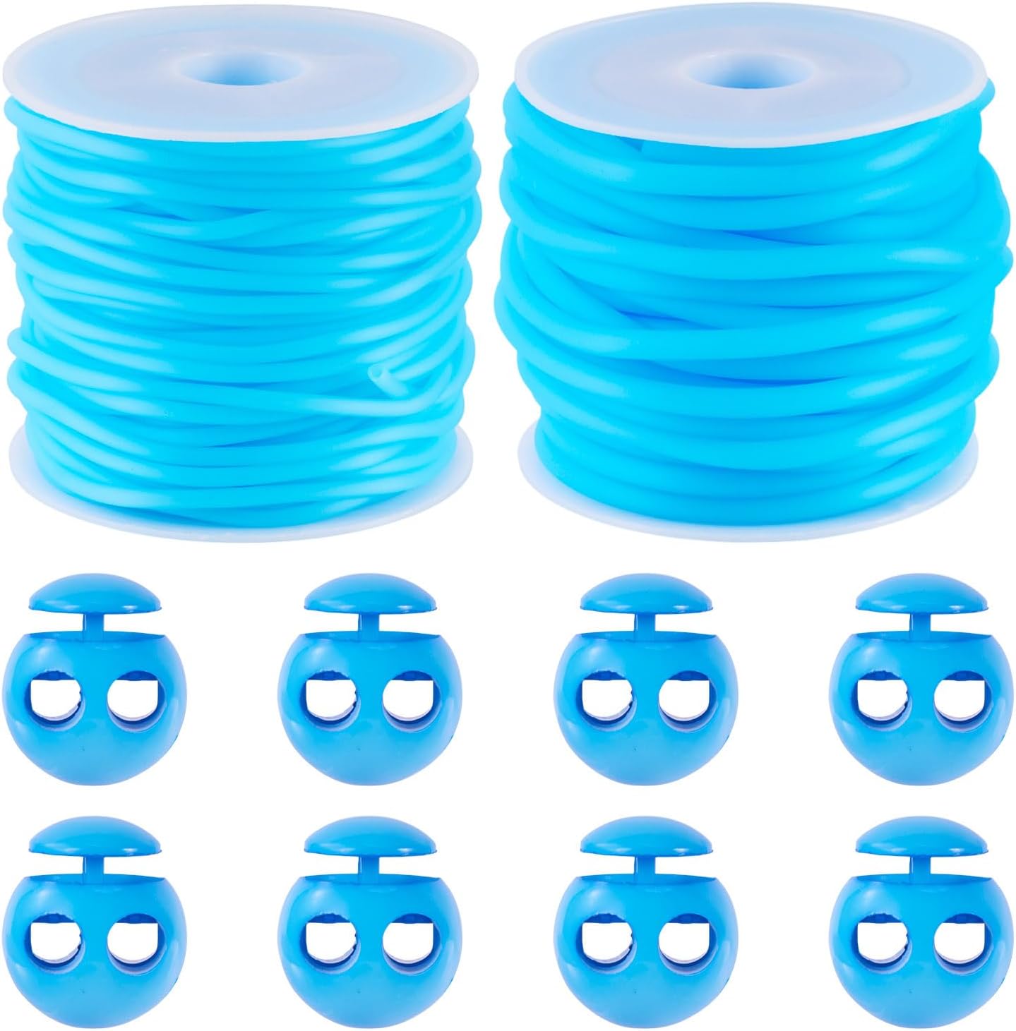 FASHEWELRY 2mm 3mm Hollow Rubber Cords Stitch Holders for Knitting, 2 Rolls Knitting Barber Cords with Plastic Cord Locks for Craft Projects (Deep Sky Blue)