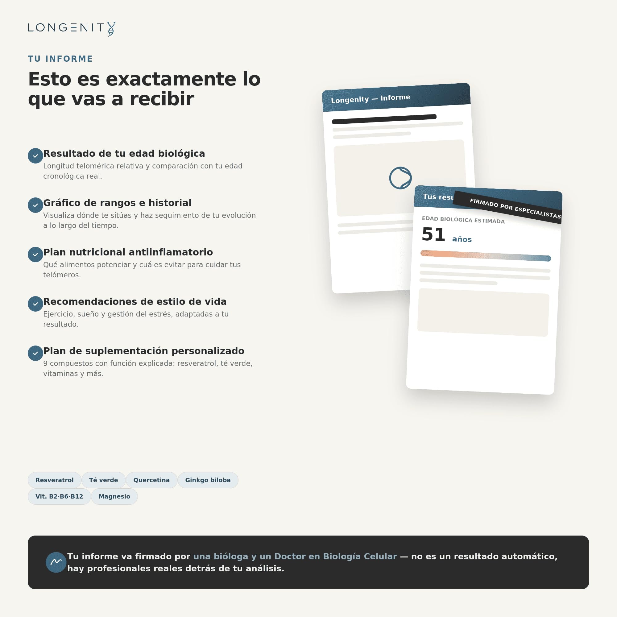 Test ADN Longevidad - Edad Biológica y Longitud de Telómeros en Casa | Análisis de Saliva + Informe Médico con Plan de Nutrición, Suplementos y Estilo de Vida