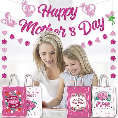 Miniatura 6 de Bomiloho Bolsas de regalo para el día de la madre, 16 bolsas de cartón de clavel rosa, reutilizables, resistentes, diseños únicos, 5.9 x 3.2 x 8.3