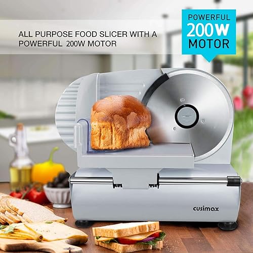 Miniatura 2 de CUSIMAX - Cortador eléctrico de carne con dos cuchillas extraíbles de acero inoxidable de 7.5 pies y empujador, cortador de pan de frutas y