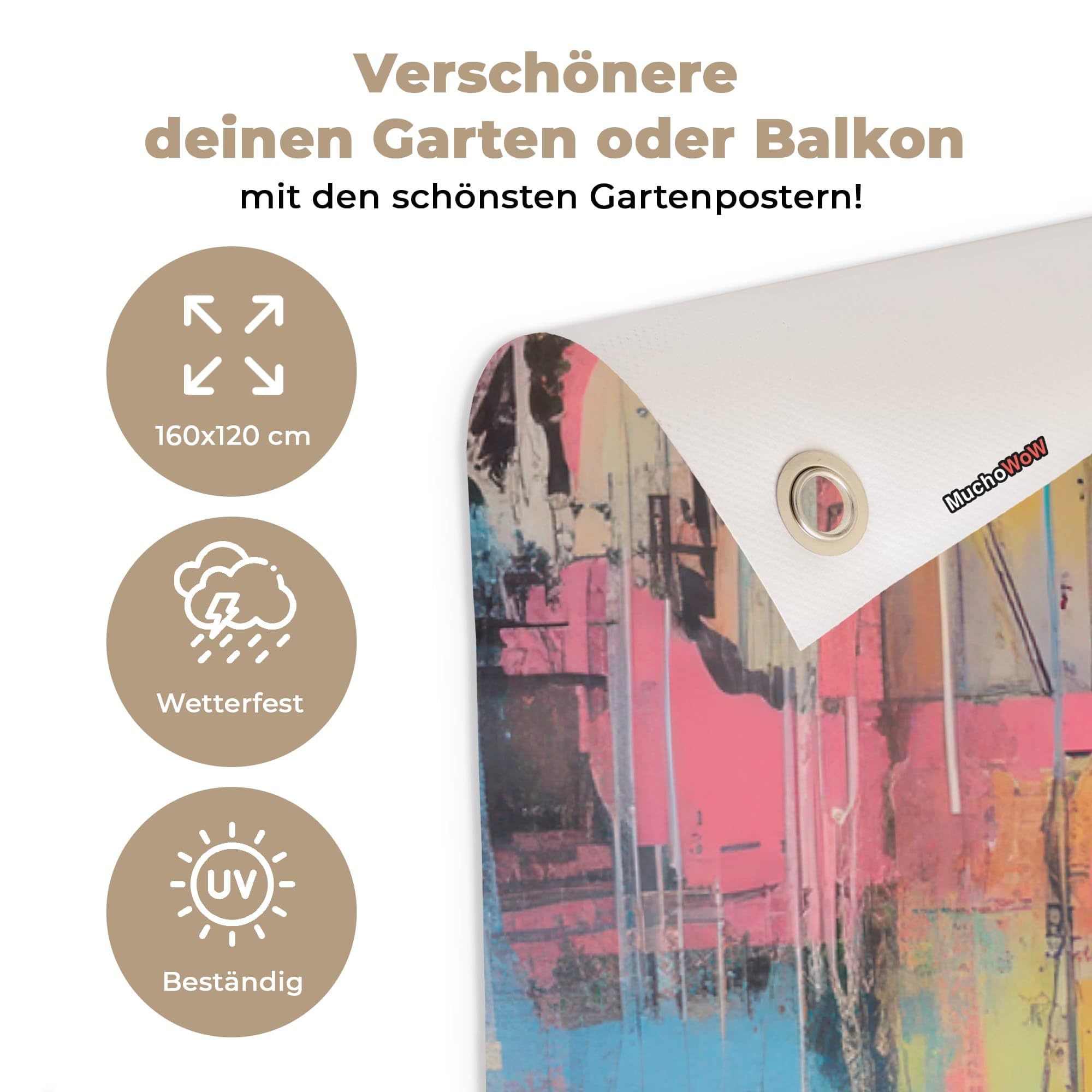 MuchoWow© Gartenposter Outdoor Bilder Gartendeko für draußen Wetterfest | 160x120 cm - Garten Deko Terrasendeko Banner Draußen Bild Dekoration Kaugummi - Frau - Pinselstriche - Modern