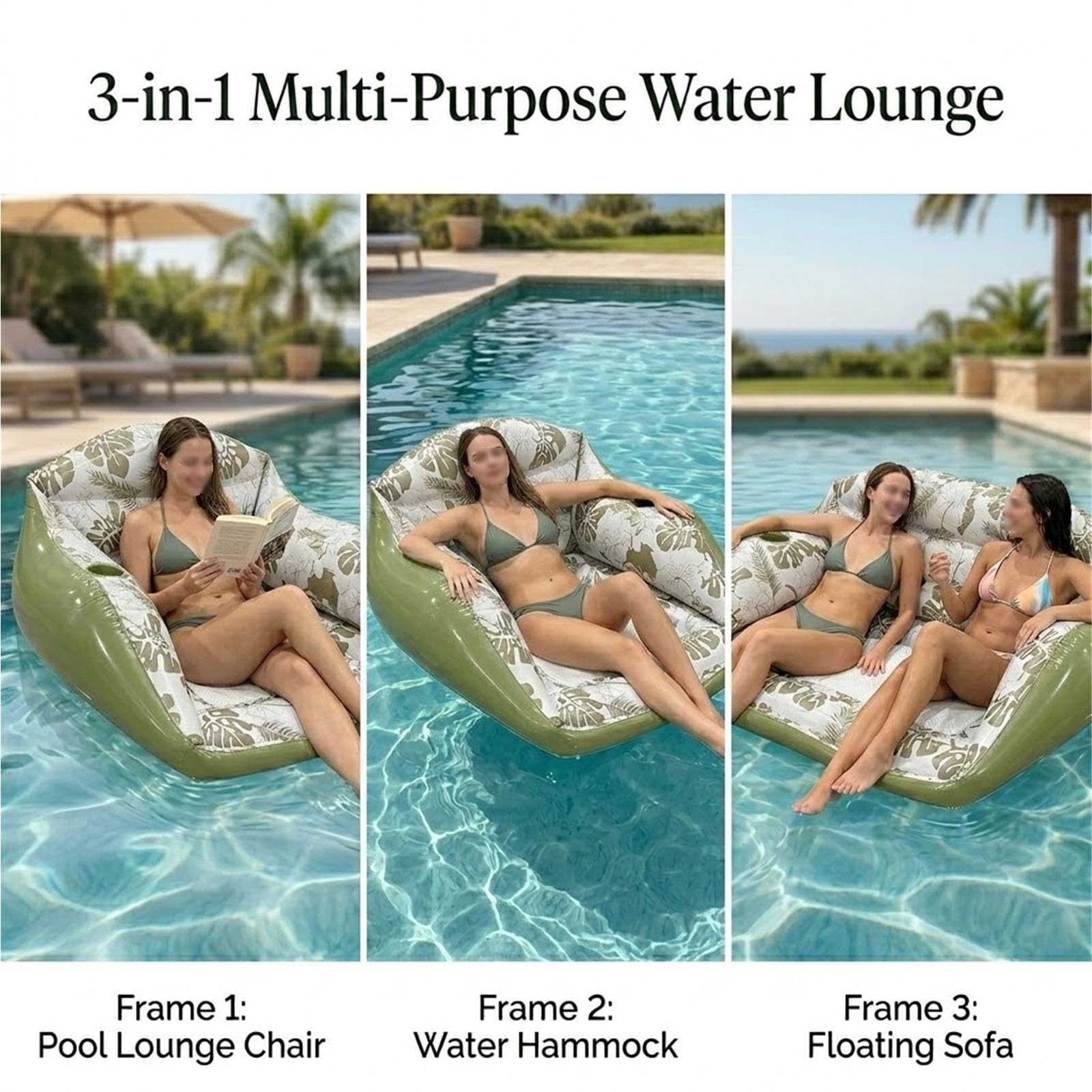Chaise Longue De Piscine Gonflable 3 en 1, Hamac d'eau for Adultes, Flotteur avec Siège en Maille, Porte-gobelet, Robuste avec Pompe À Air, for Plage du Lac