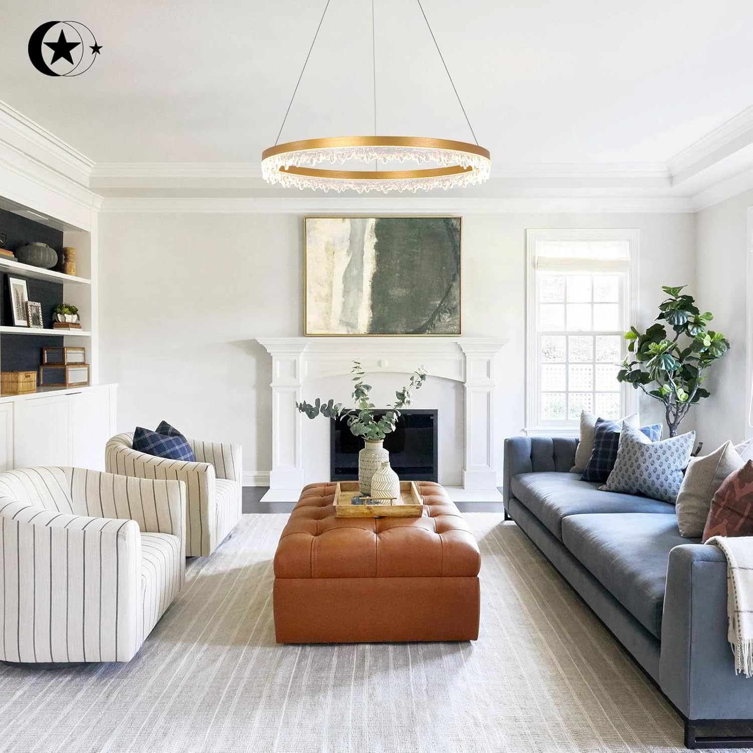Modern LED Chandelier 1 Ring 23.6in Circular Pendant Light for Kitchen Island, Gold Dimmable Round Chandelier Light Fixture Hanging Light with Remote for Dining Room Living Room