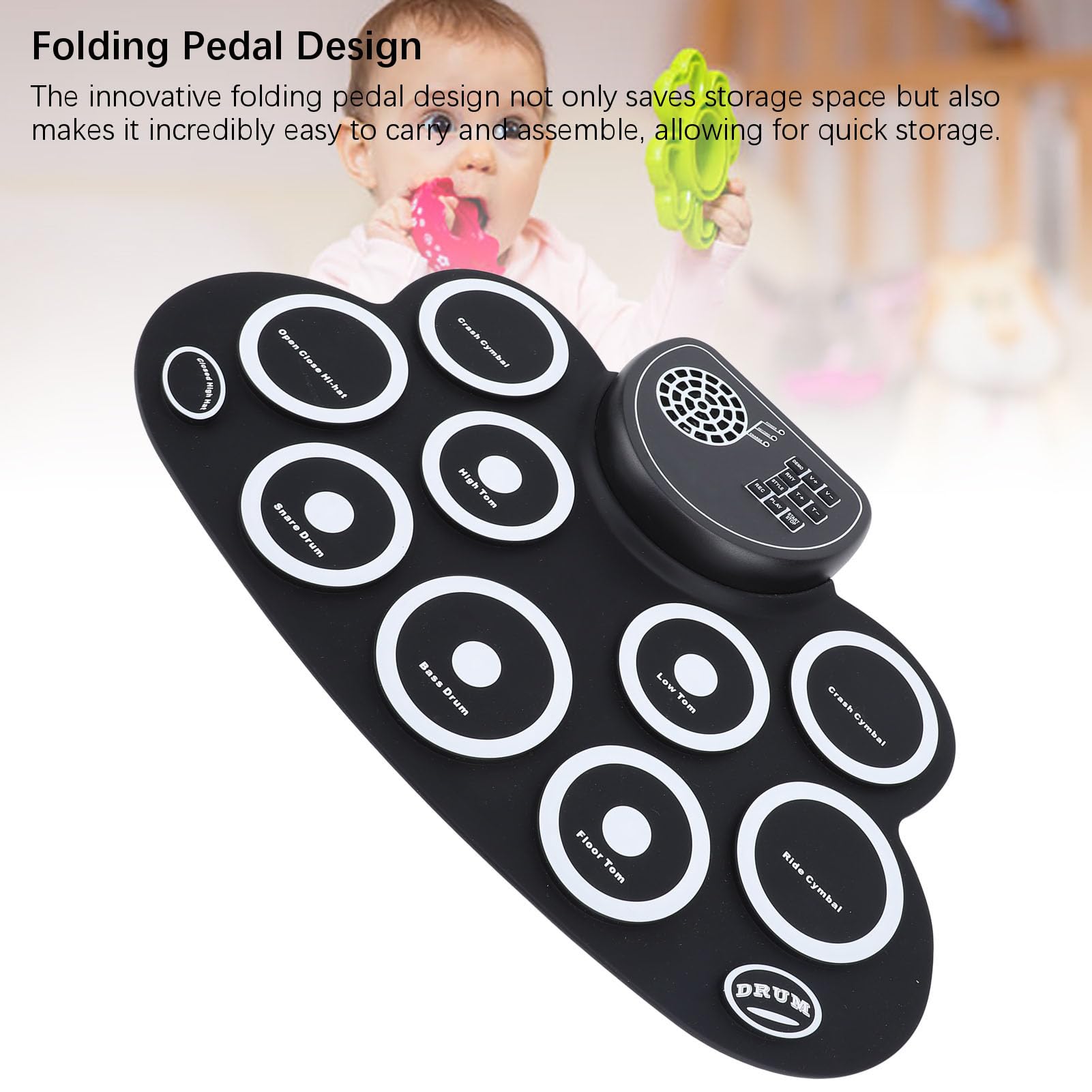 Set de pads electrónicos para batería enrollables, kit de batería eléctrica recargable con altavoz integrado, tambor de práctica de silicona con doble pedal para principiantes y