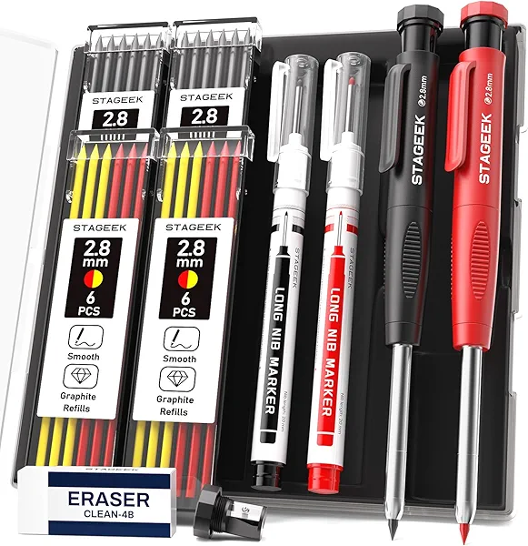 STAGEEK 2PCS Carpenter Pencils with Sharpener, Heavy Duty Woodworking Tools, Mechanical Pencil Set with 26 Refills, Deep Hole Long Nib Marker Pens for Architect Marking with Case (Black, Red)