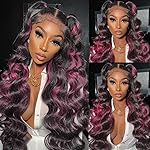 KEKEYY 26Inch Ombre Lace Front Wig Human Hair 200% Density Body Wave Skunk Stripe Human Hair Wigs Pre Plucked 13x4 Pink and Black Human Hair Wig With Baby Hair
