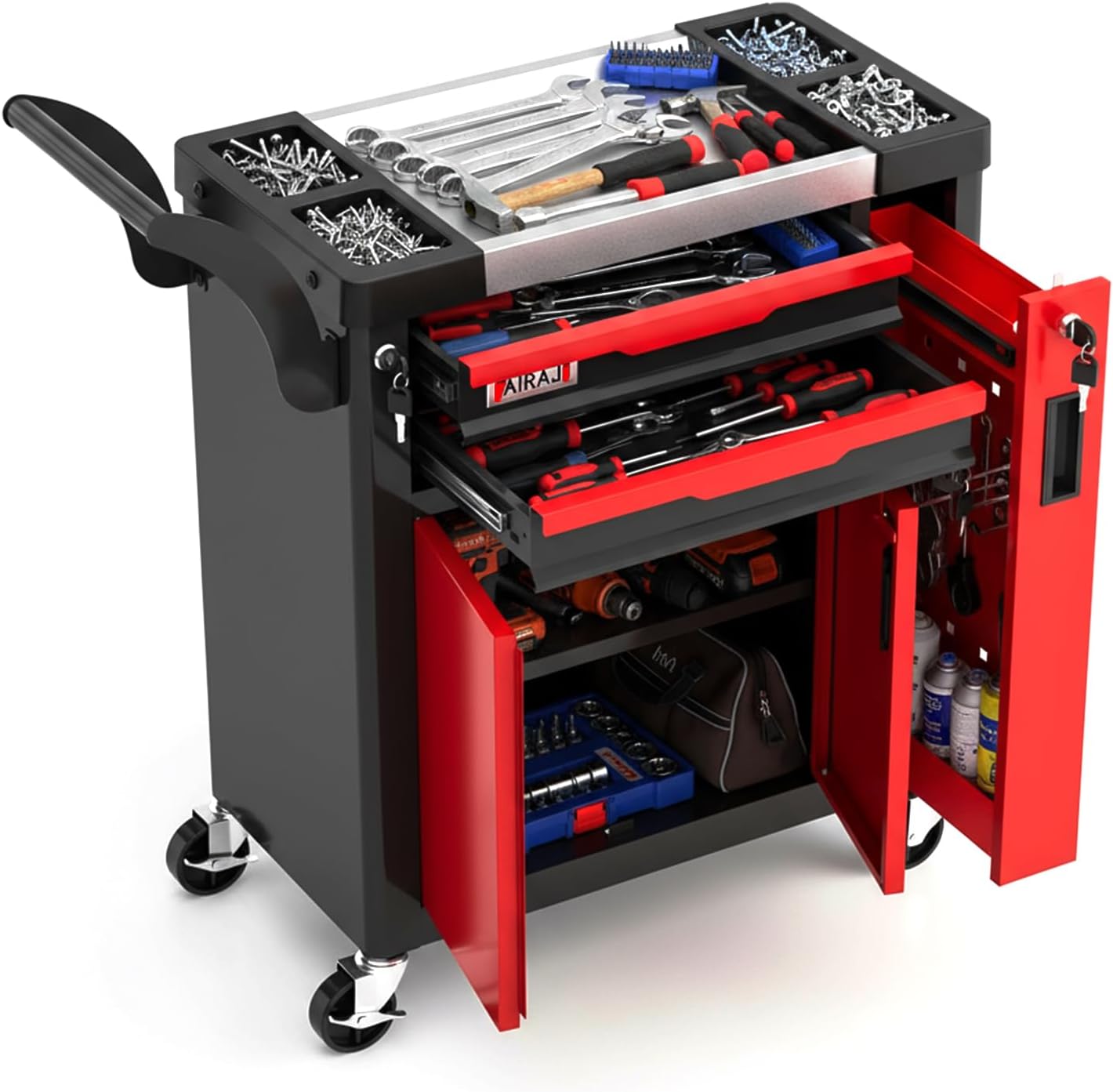 AIRAJ Red Rolling 2-Drawer Tool Chest with Wheels, Lockable Side Drawer, 550 lbs Capacity Garage Workshop Cabinet