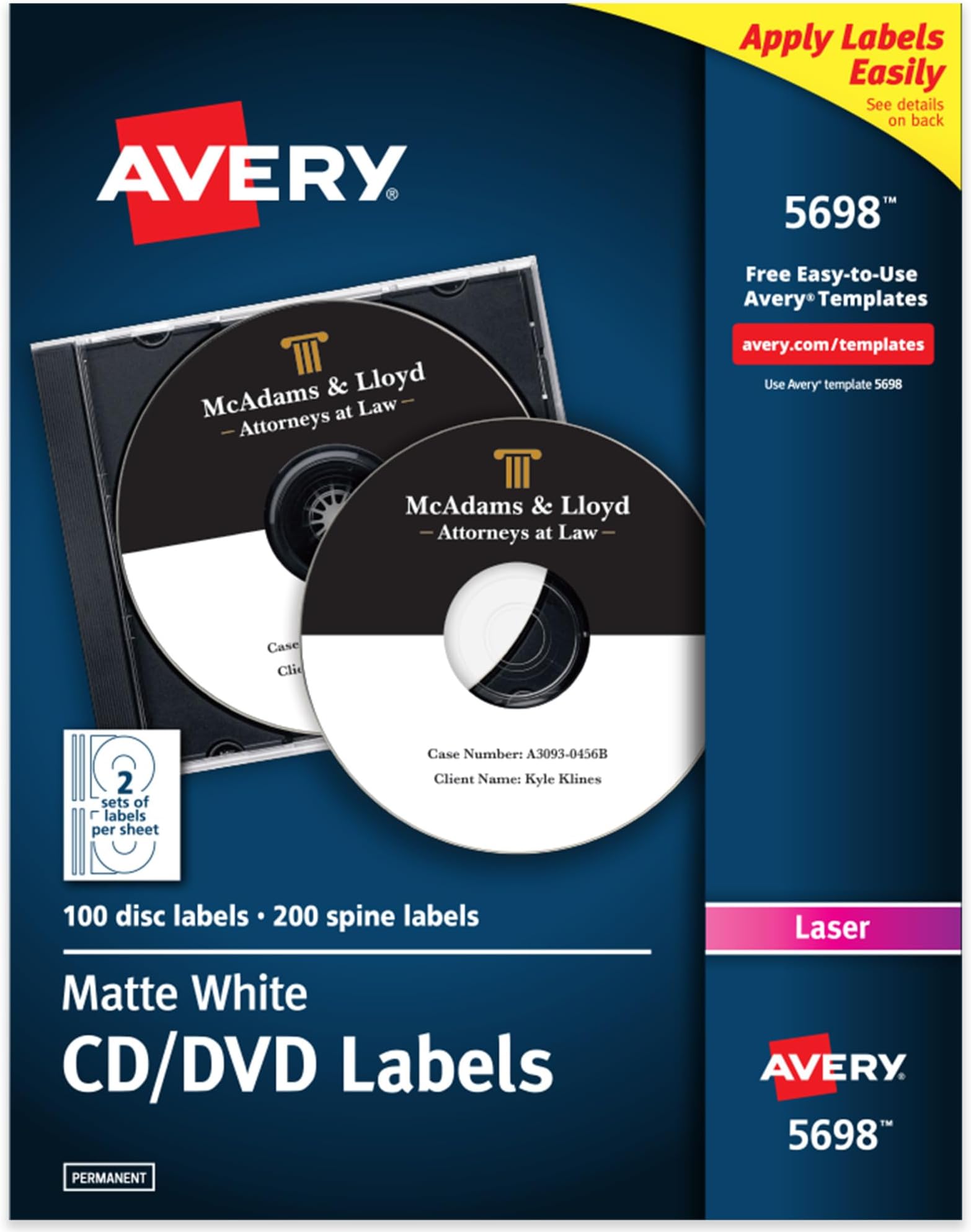 Avery CD Labels for Laser Printers, White, 100 Disc Labels and 200 Spine Labels (5698)