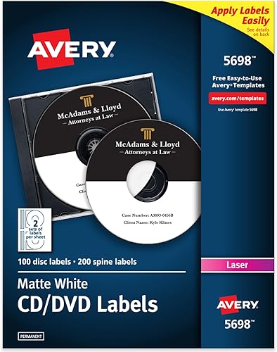 Avery Etiquetas de CD para impresoras láser, blancas, 100 etiquetas de disco y 200 etiquetas de lomo (5698)